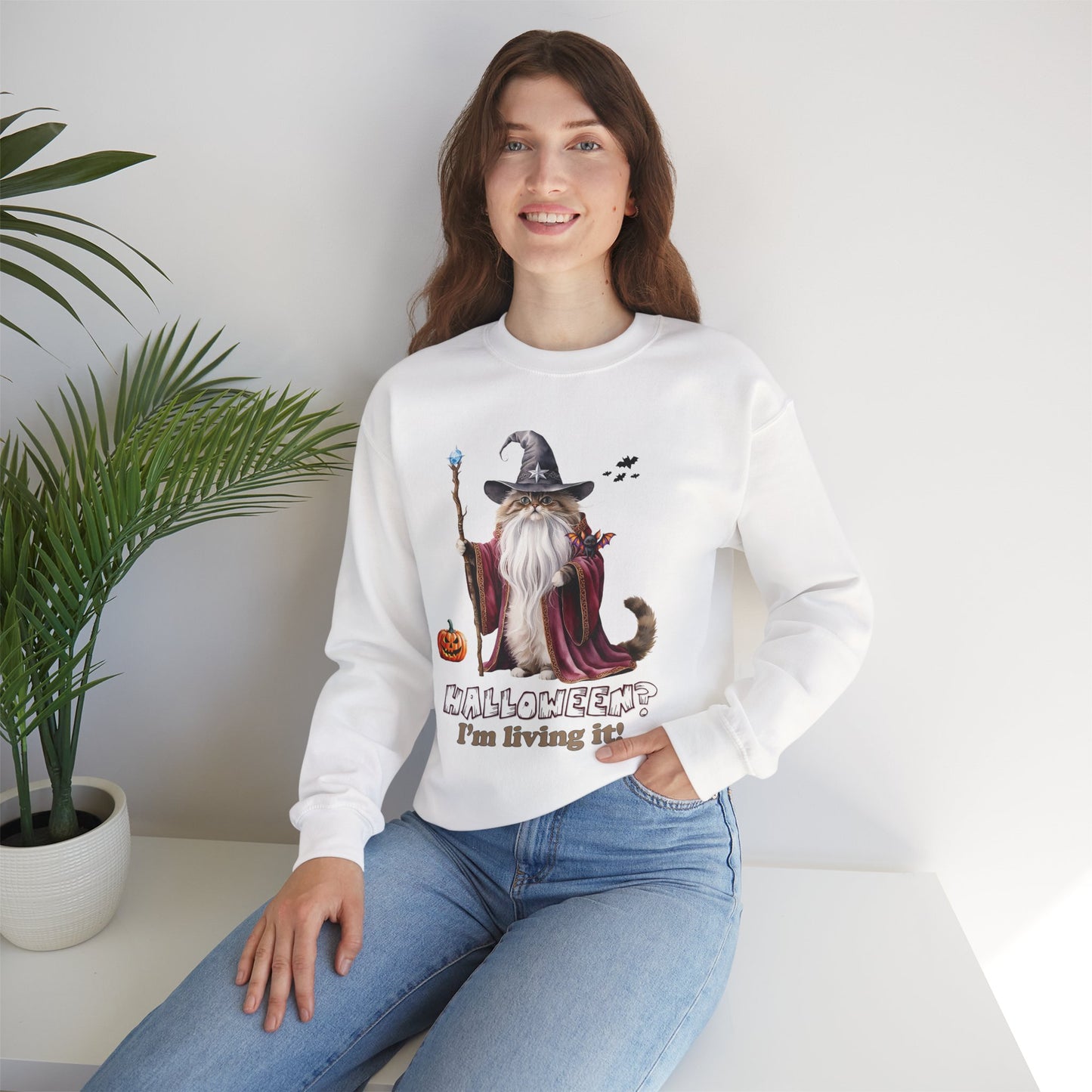 π§ Living the Spell: Wizardry, Whimsy & Halloween Cheer π - Halloween Wizard Sweatshirt, Unisex Crewneck for Fall, Cozy Gift for Cat Lovers, Spooky Season Apparel, Fun Costume Alternative