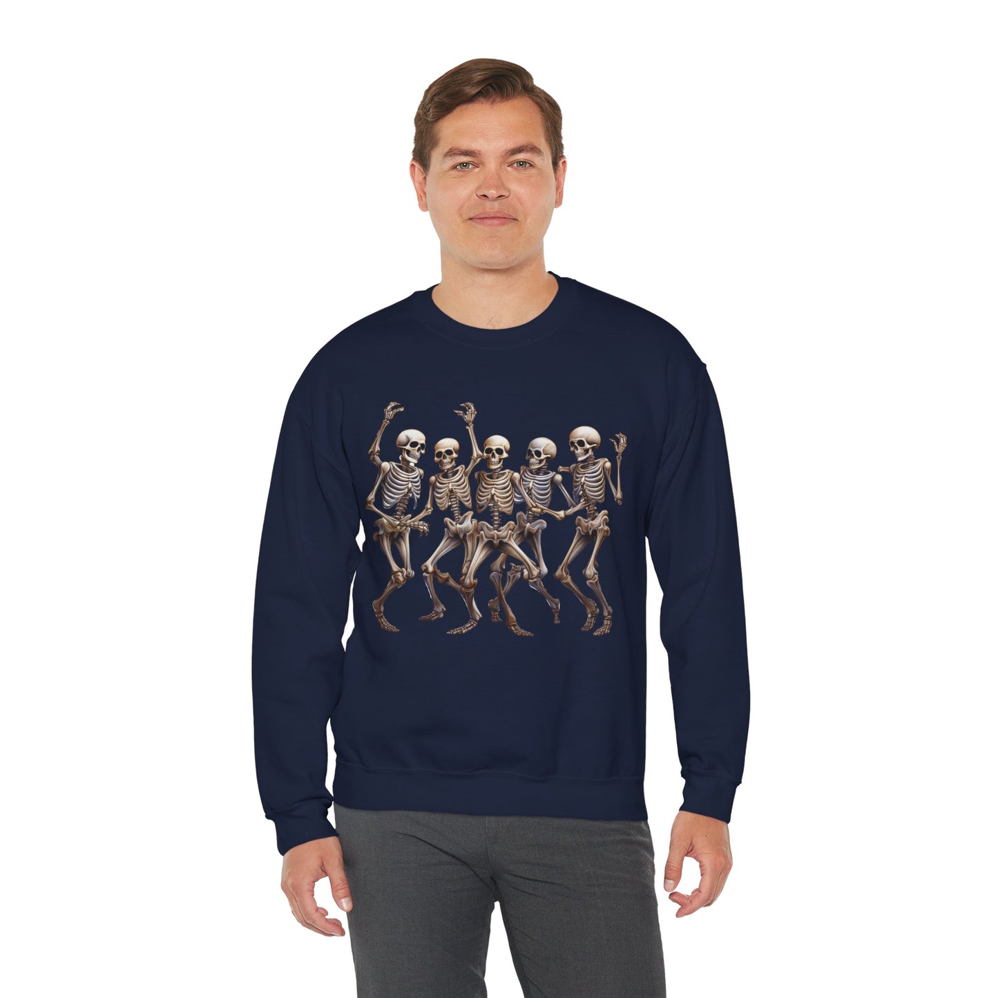 "Celebrate Life with Dancing Skeletons – Bold Apparel & Mugs that Spark Joy" - Halloween Skeleton Dance Crewneck Sweatshirt, Unisex Sweatshirt, Fall Fashion, Spooky Season Apparel, Gift for Halloween Lovers