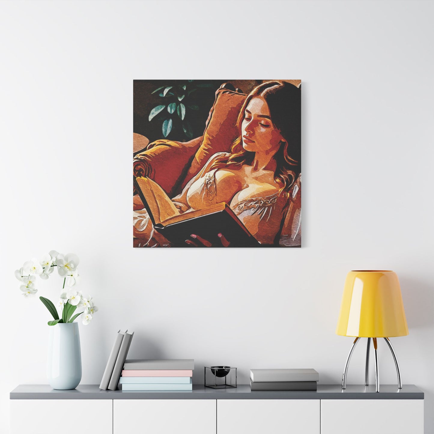 "Golden Hour Reading: Cozy Literary Escape Where Stories Come Alive in Warm Autumn Light" - Elegant Satin Canvas Artwork, Home Decor, Wall Art, Gallery Ready, Gift for Art Lovers, Cozy Vibes, Living Room Decoration