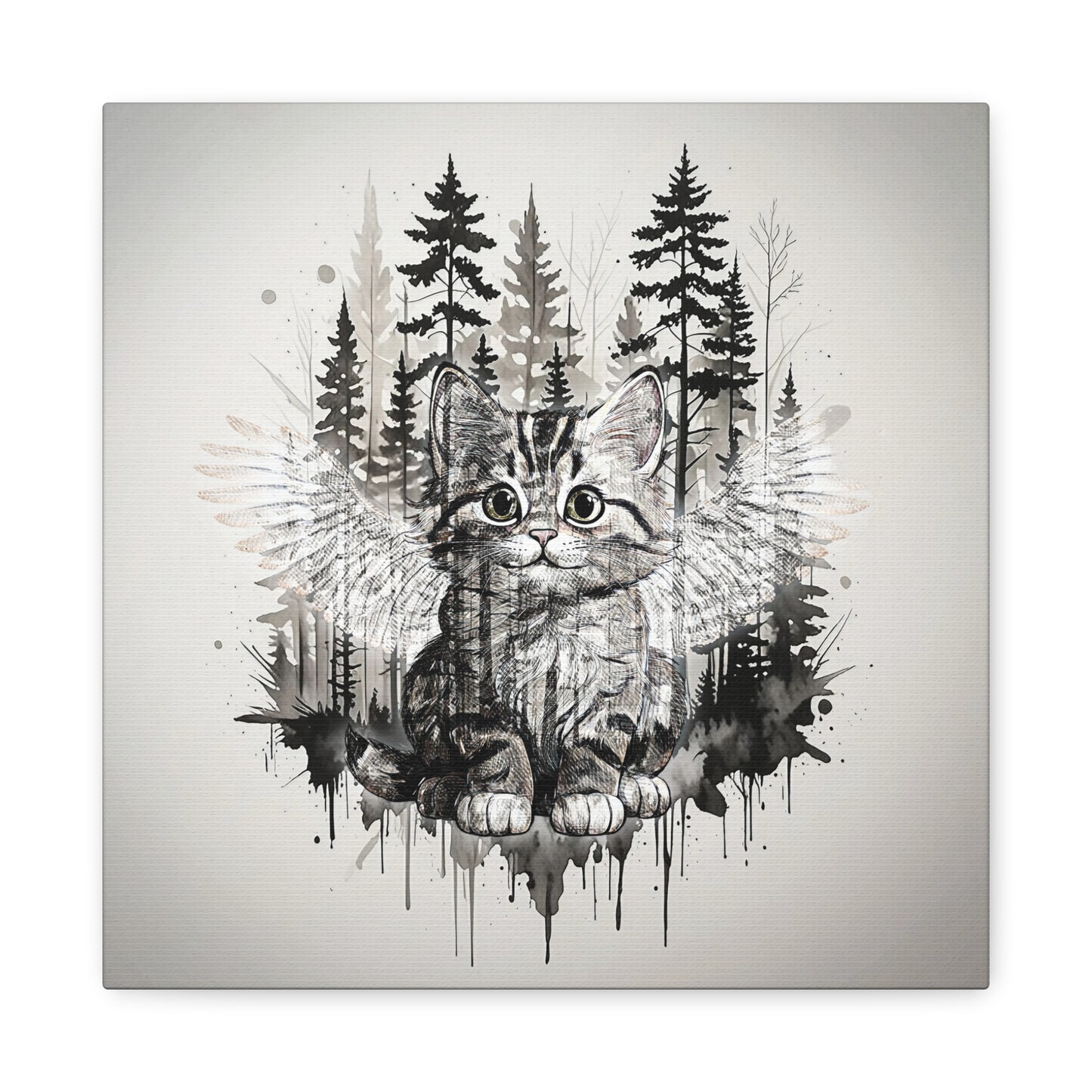 Your personal Guardian Cat Canvas Wall Art - 1.25" Stretched Matte Print with Angel Wings and Forest Theme