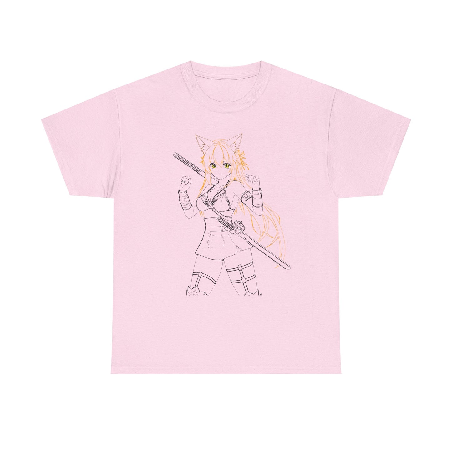 Cat-Eared Blade – Anime Warrior Power on Tees - Anime Samurai Unisex Heavy Cotton Tee, Cute Graphic T-Shirt, Comfortable Casual Wear, Gifts for Anime Lovers, Birthday Surprise