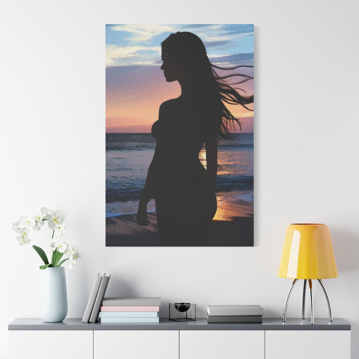Whispers of the Horizon – Serene Silhouette at Sunset Capturing Peace, Beauty, and Timeless Grace - Satin Canvas Wall Art, Elegant Silhouette Beach Decor, Serenity Artwork, Perfect Gift for Home, Office, and Special Occasions