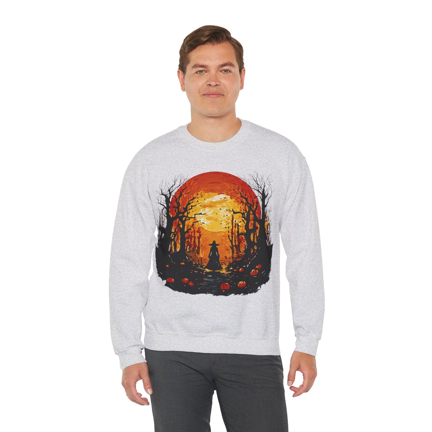 Moonlit Mischief: Autumn’s Enchanted Glow for Sweatshirts, mugs and more - Autumn Sunset Witch Sweatshirt - Cozy Unisex Crewneck for Fall, Halloween, Pumpkin Spice Lovers, Seasonal Fashion, Gift Idea