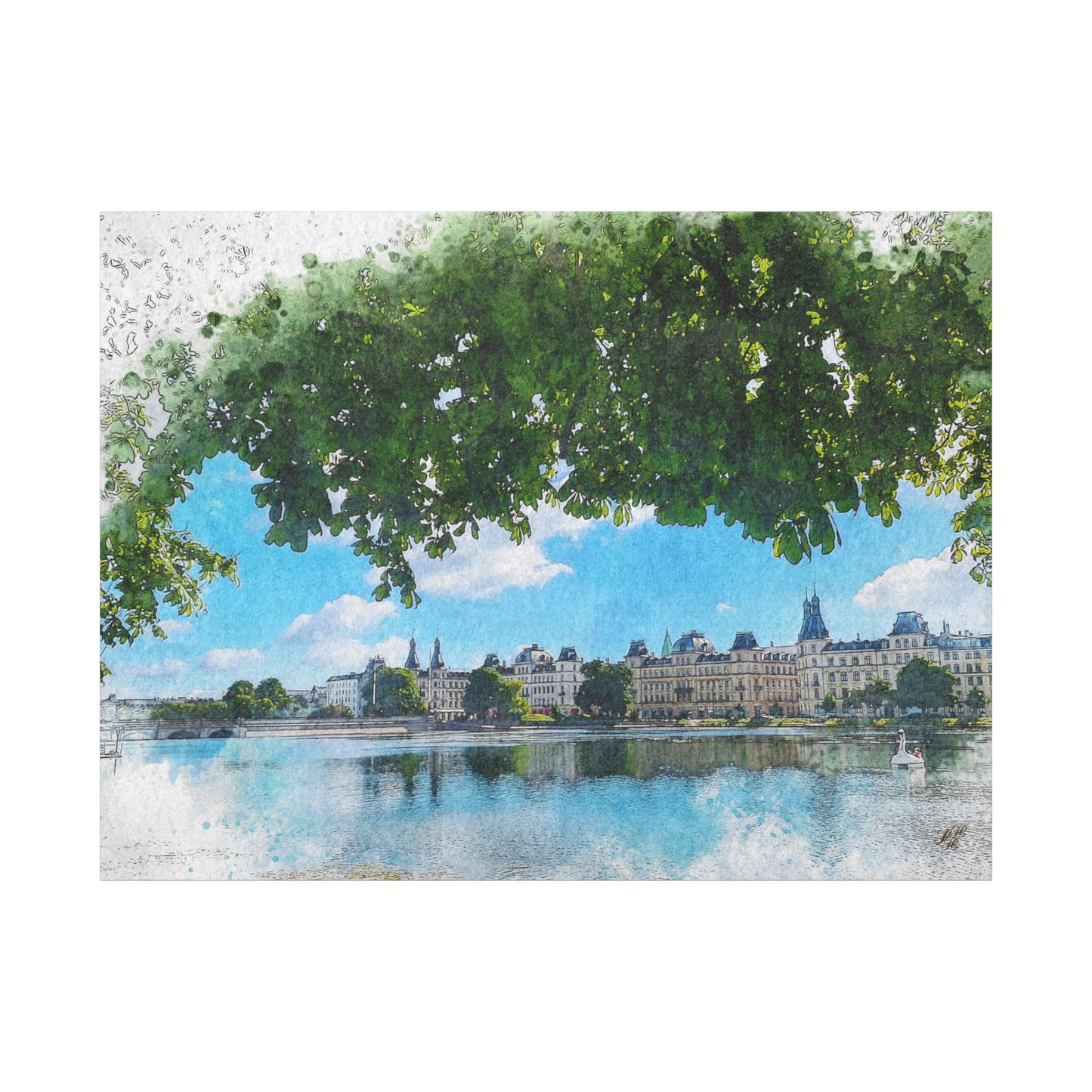 'The Lakes' Copenhagen - Canvas Print Watercolor Art -