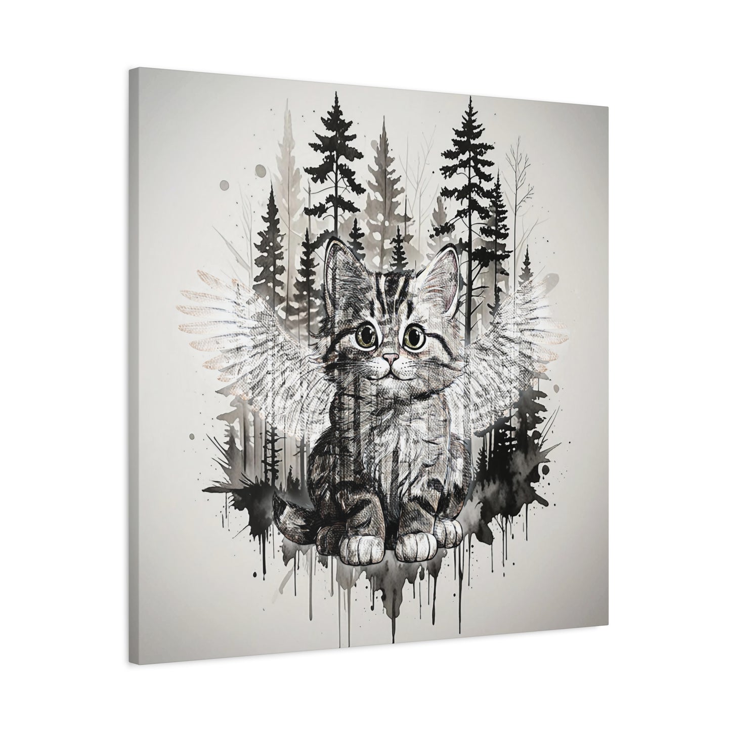 Your personal Guardian Cat Canvas Wall Art - 1.25" Stretched Matte Print with Angel Wings and Forest Theme