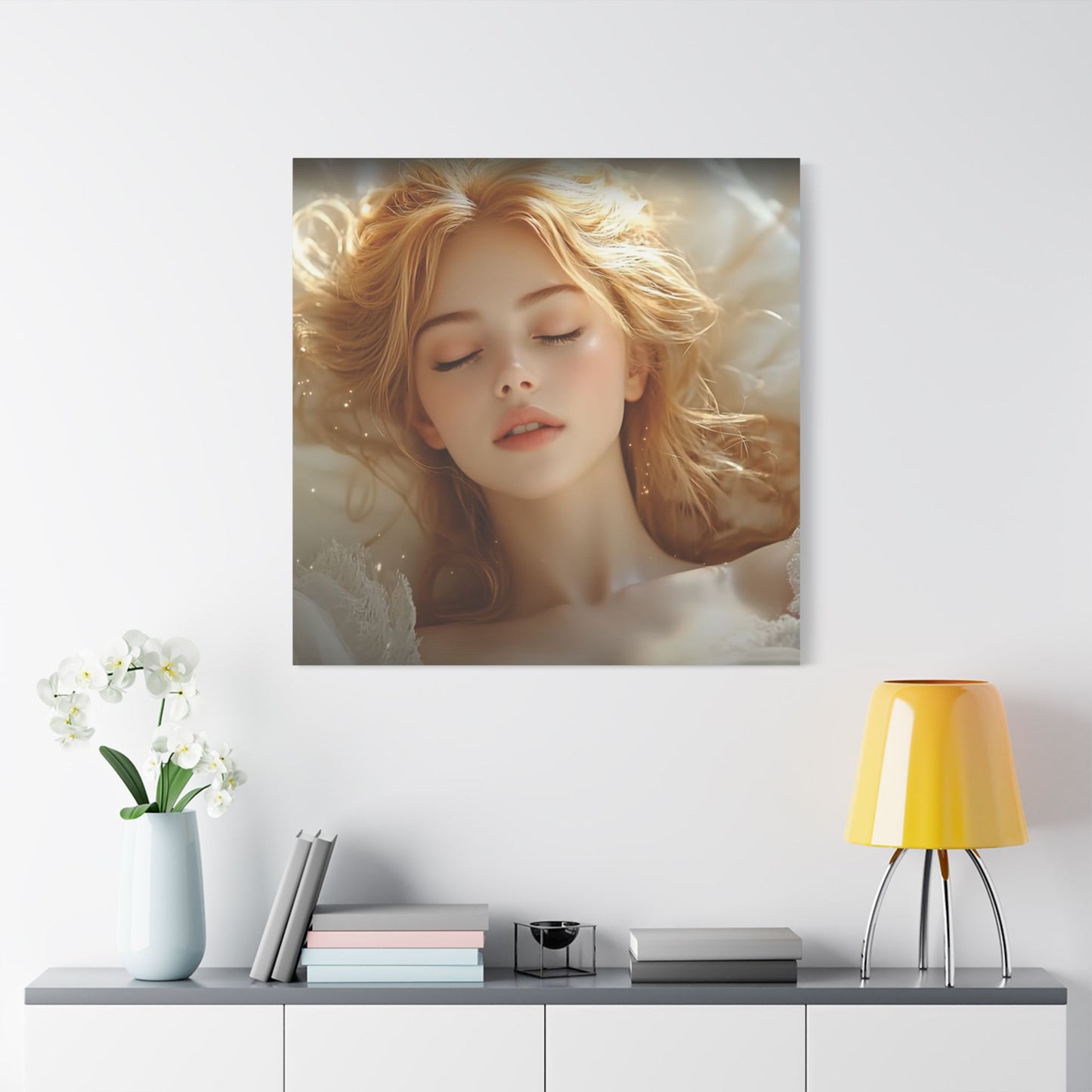 Halo Dreams β Ethereal Glow and Blonde Serenity in Stillness πβ¨ - Satin Canvas Wall Art, Dreamy Portrait Print, Elegant Home Decor, Relaxing Bedroom Decor, Gift for Art Lovers, Serene Wall Hanging