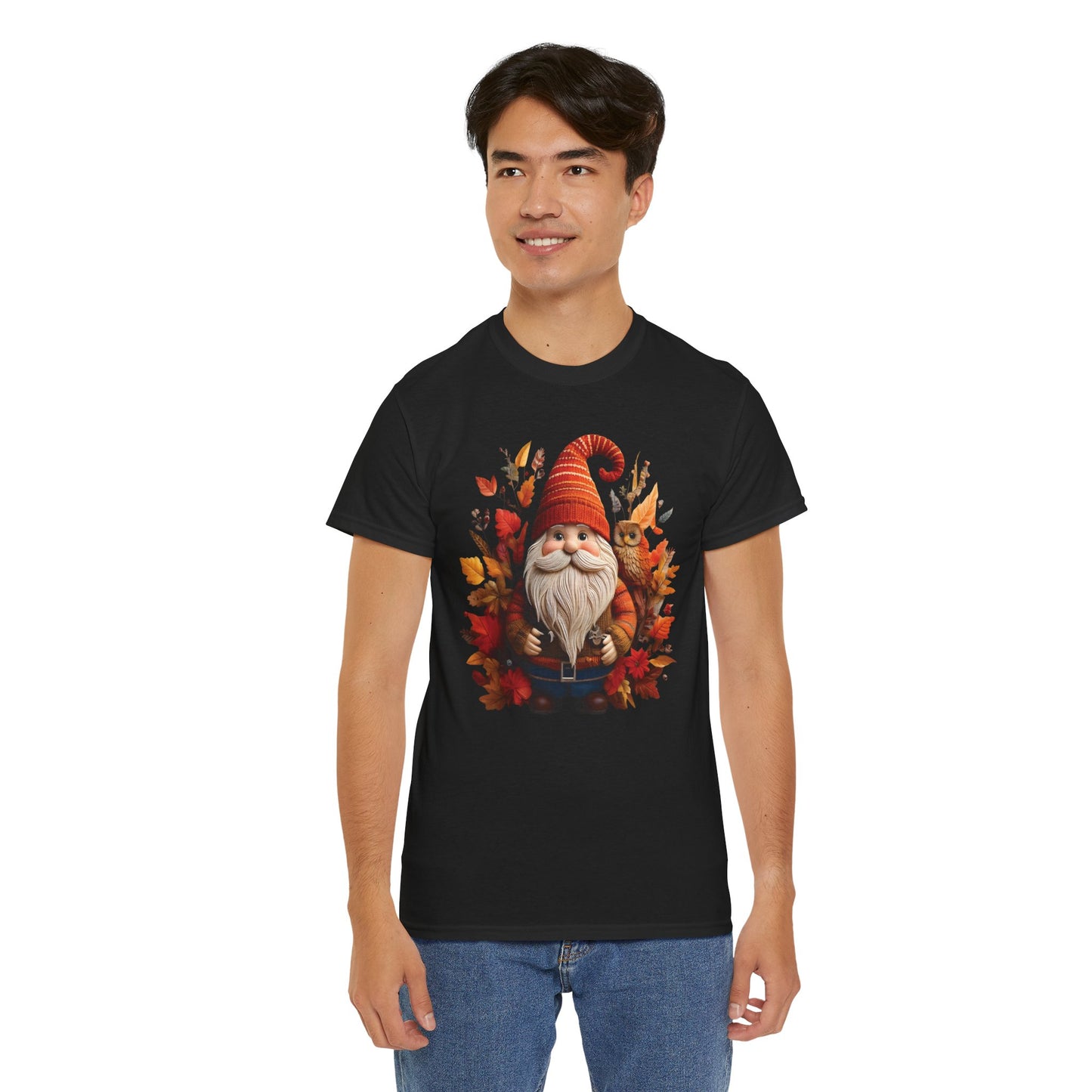 Gnome & Owl Autumn Harmony โ Cozy Magic for the Season ๐๐งก - Tee, Fall T-Shirt, Cozy Halloween Shirt, Pumpkin Spice Gift, Unisex Cotton Top