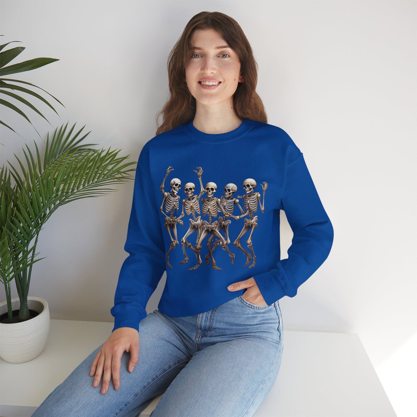 "Celebrate Life with Dancing Skeletons – Bold Apparel & Mugs that Spark Joy" - Halloween Skeleton Dance Crewneck Sweatshirt, Unisex Sweatshirt, Fall Fashion, Spooky Season Apparel, Gift for Halloween Lovers