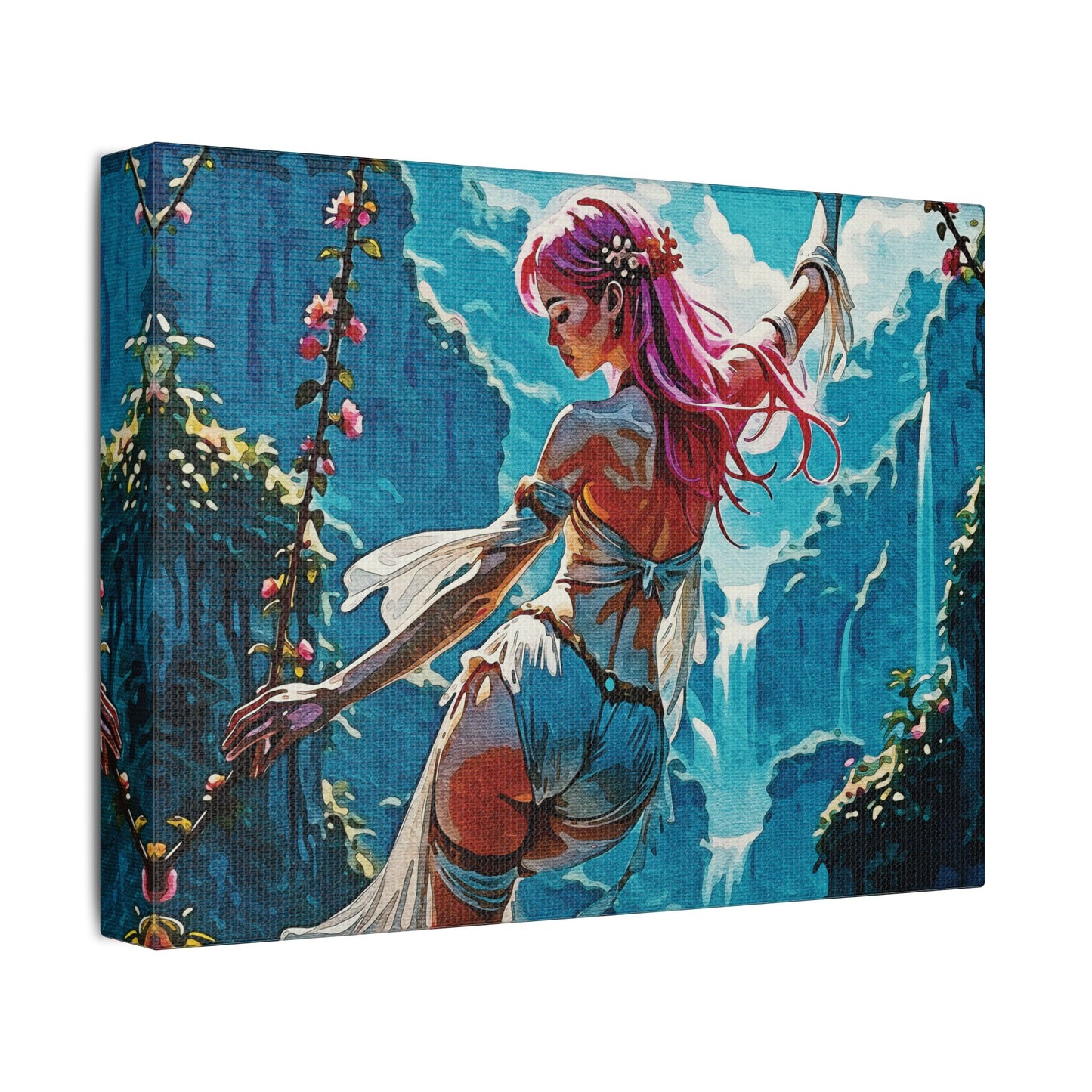 Blossom Beyond β Where Fantasy Blooms and Courage Flows πΈπ - Satin Canvas Wall Art, Enchanting Fantasy Art Print, Colorful Home Decor, Bohemian Wall Hanging, Ethereal Gift Idea