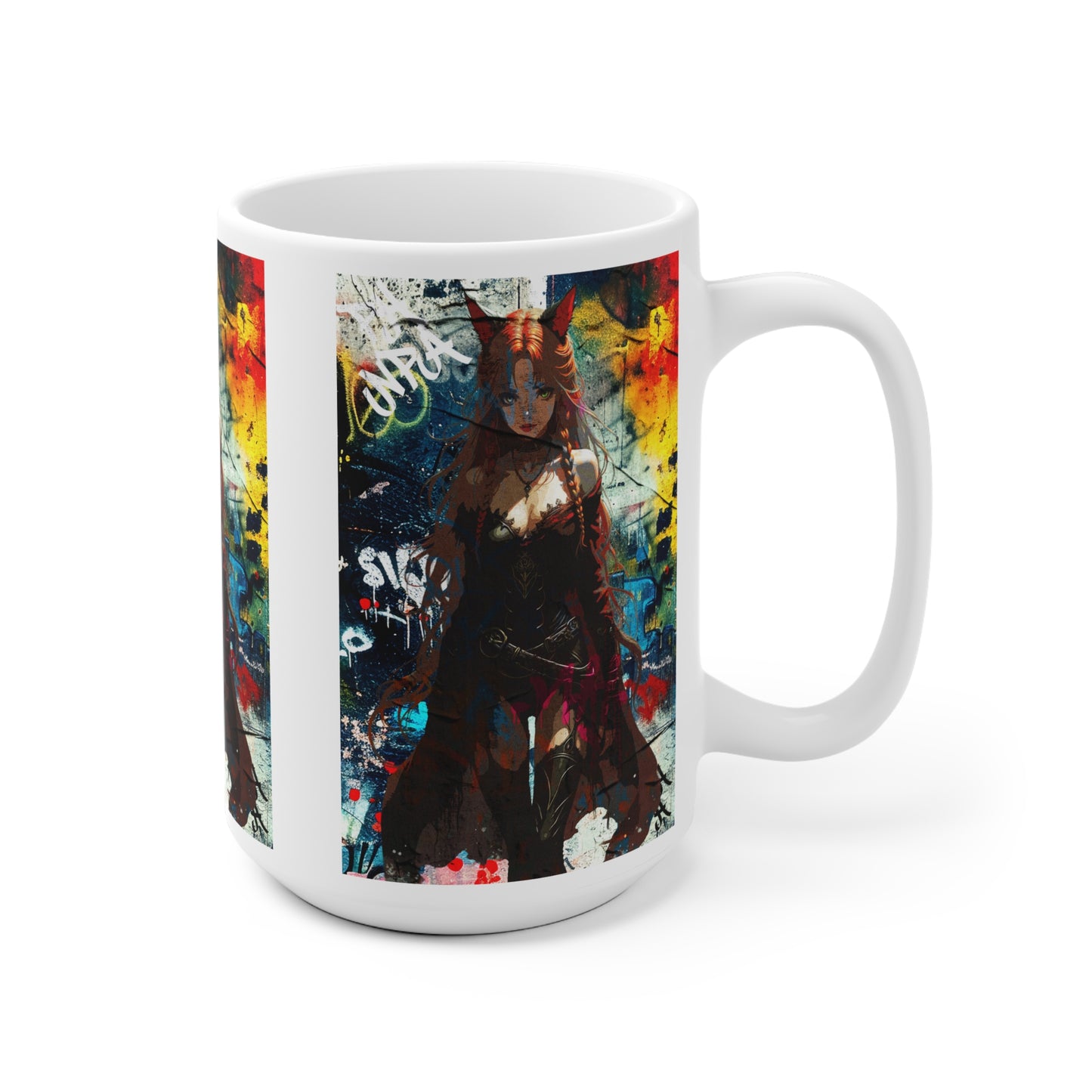 Warrior Anime Catgirl – Urban Fantasy Power on Character Mug, Unique Gift, Artful Coffee Cup, Anime Lover's Mug, Decorative Drinkware