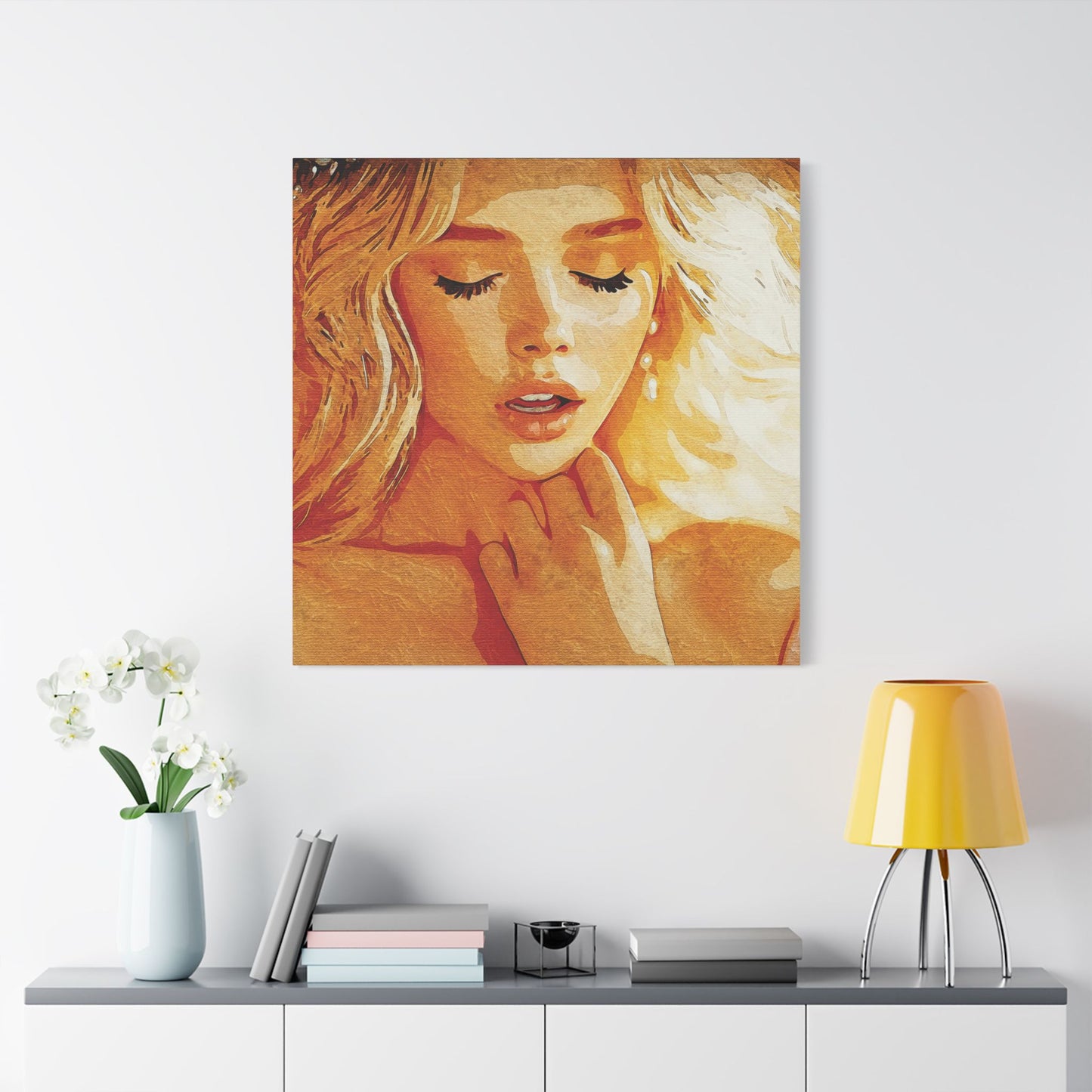 “Golden Reverie: The Serenity of a Soul in Stillness” - Elegant Satin Canvas Art Print, Home Decor Wall Artwork, Beautiful Portrait, Gift for Her, Modern Art Piece, Unique Wall Decoration