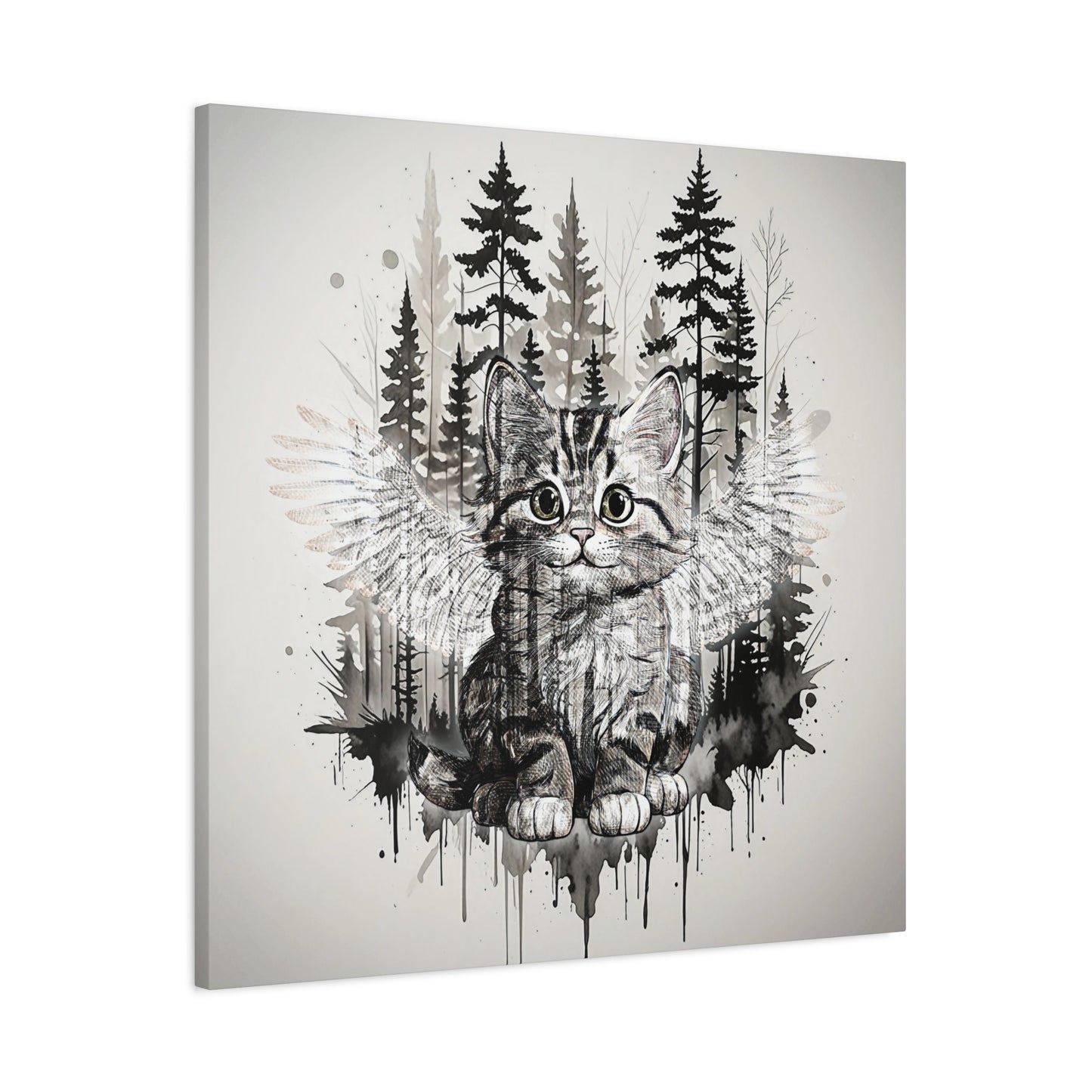 Your personal Guardian Cat Canvas Wall Art - 1.25" Stretched Matte Print with Angel Wings and Forest Theme