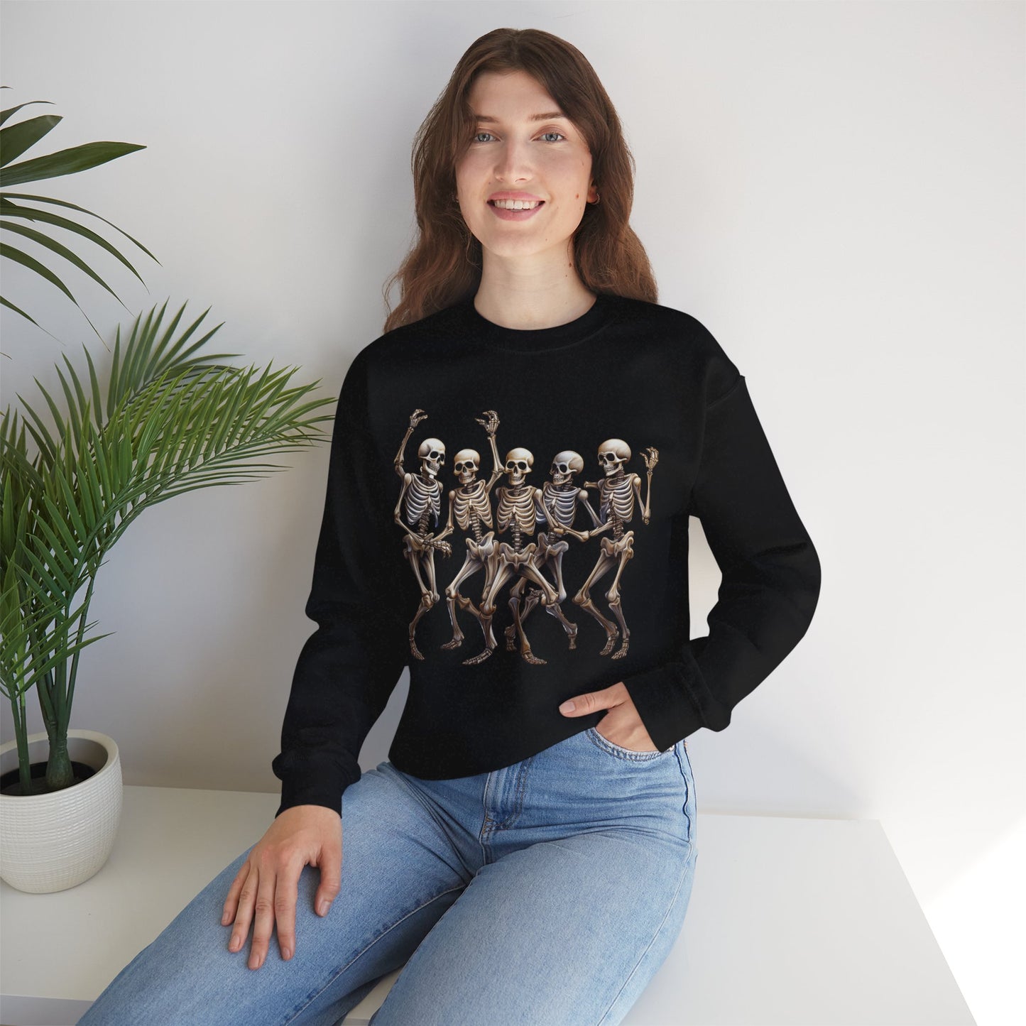 "Celebrate Life with Dancing Skeletons – Bold Apparel & Mugs that Spark Joy" - Halloween Skeleton Dance Crewneck Sweatshirt, Unisex Sweatshirt, Fall Fashion, Spooky Season Apparel, Gift for Halloween Lovers