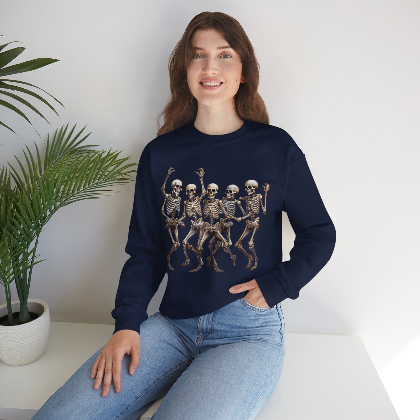 "Celebrate Life with Dancing Skeletons – Bold Apparel & Mugs that Spark Joy" - Halloween Skeleton Dance Crewneck Sweatshirt, Unisex Sweatshirt, Fall Fashion, Spooky Season Apparel, Gift for Halloween Lovers