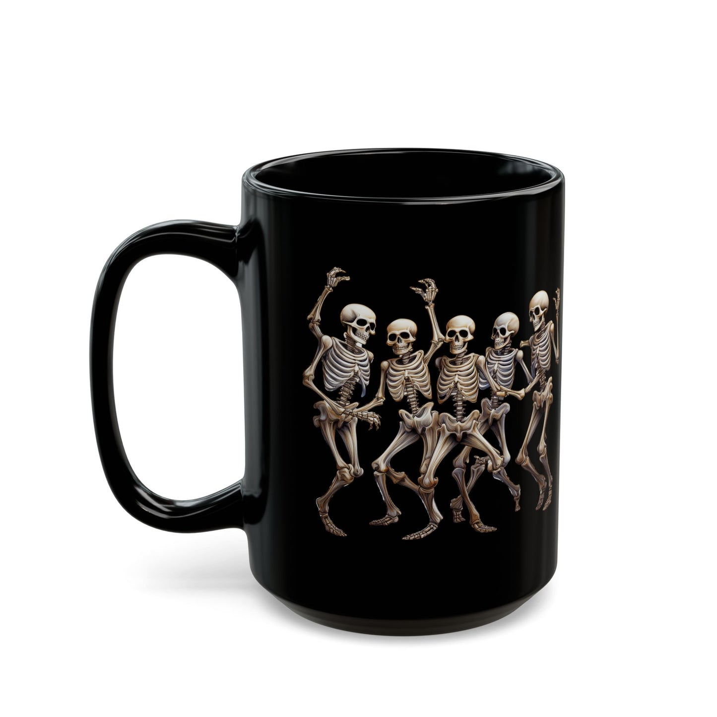 "Celebrate Life with Dancing Skeletons – Bold Apparel & Mugs that Spark Joy" - Skeleton Dance Black Mug - Halloween Coffee Cup, Spooky Gift, Funny Skeleton Mug, Partyware, Unique Halloween Decor