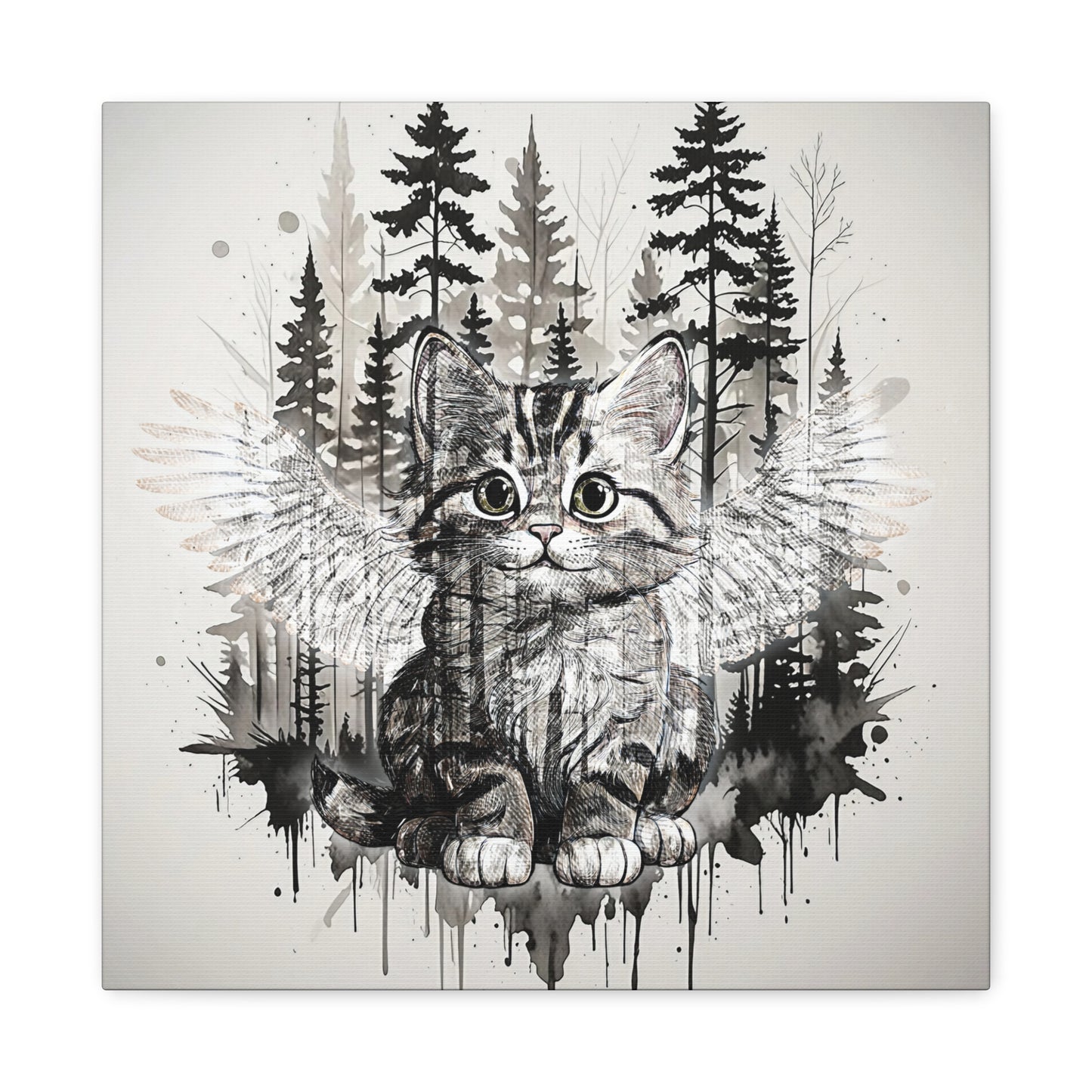 Your personal Guardian Cat Canvas Wall Art - 1.25" Stretched Matte Print with Angel Wings and Forest Theme