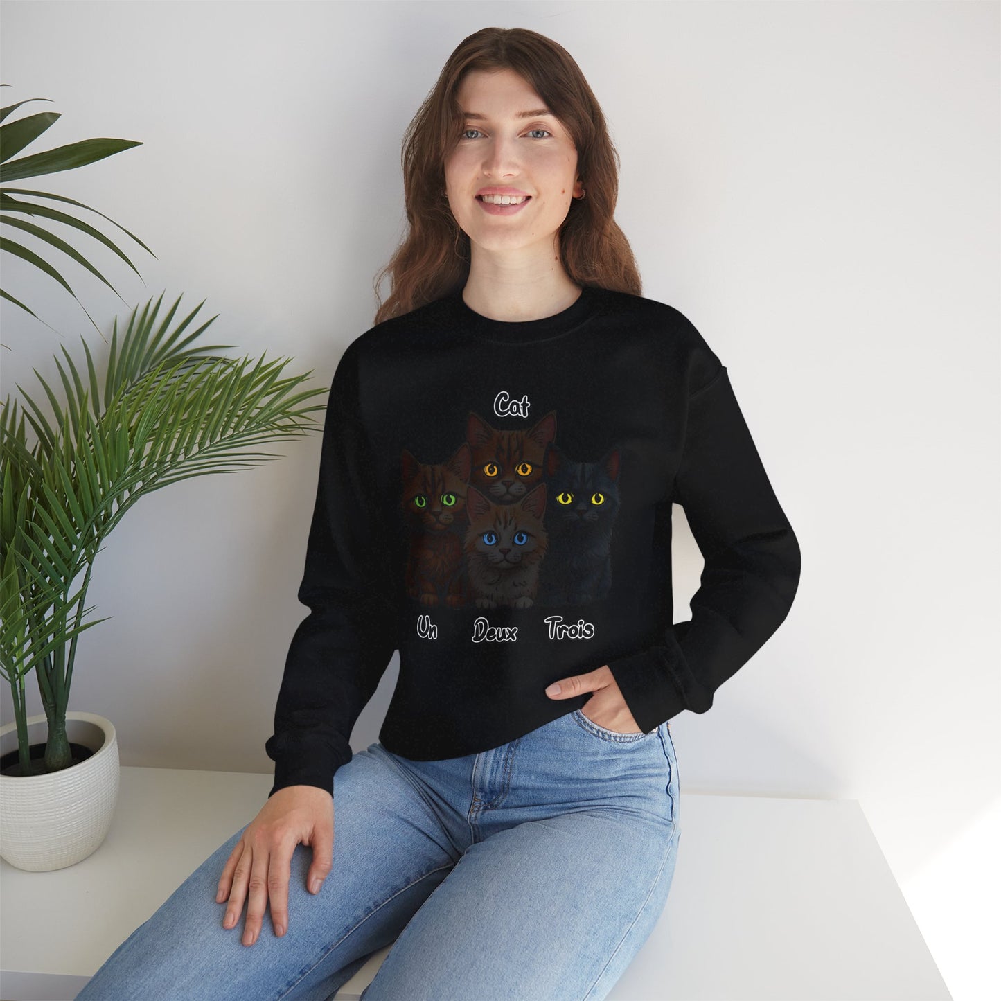 Un, Deux, Trois, Cat (Black Edition): Purrfect Counting Cuteness - Cozy Cat Lover Crewneck Sweatshirt, Casual Cat Sweatshirt, Gifts for Cat Lovers, Unique Cat Apparel, Cat Themed Clothing