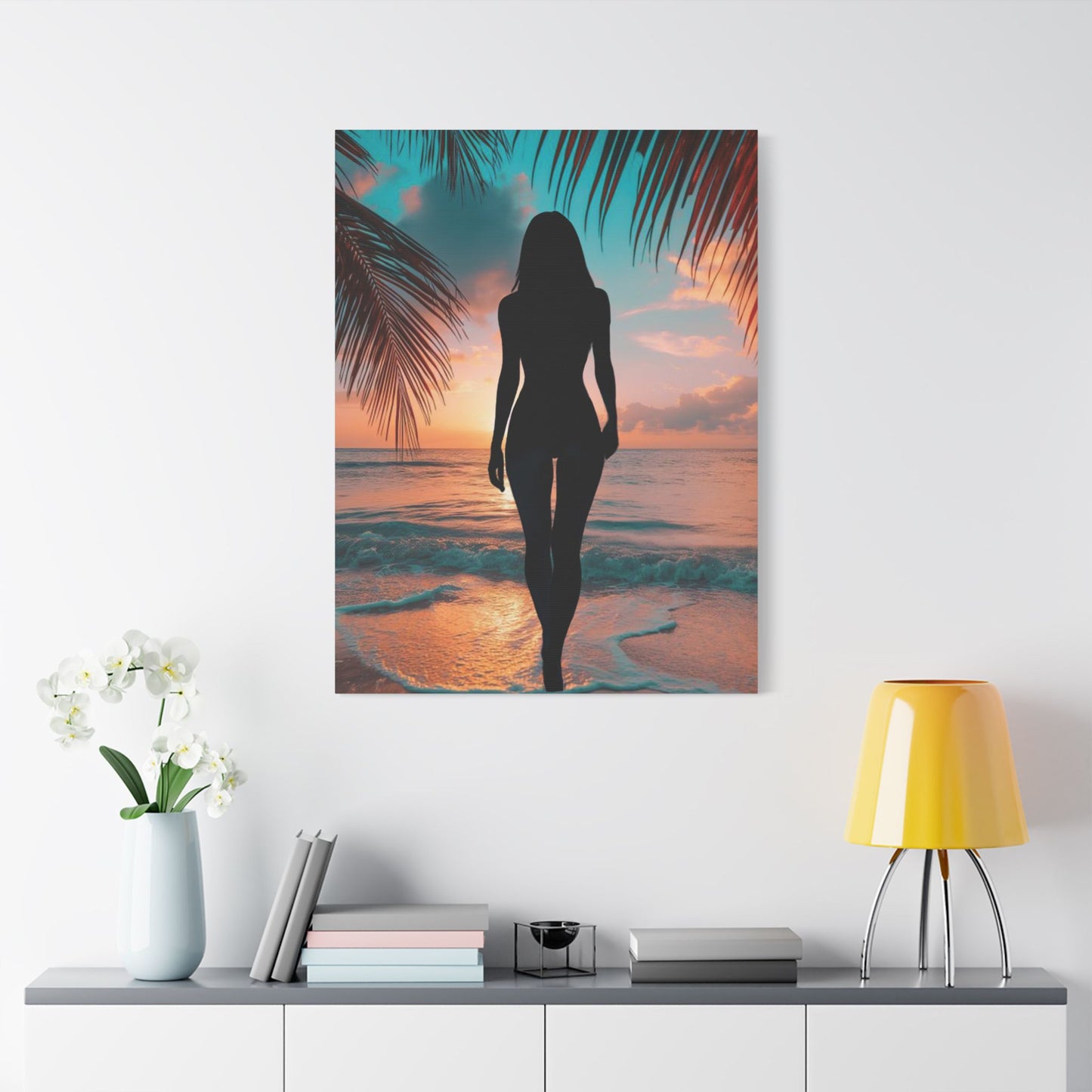Sunset Spirit – Where Silhouettes and Palm Dreams Meet the Sea - Beach Sunset Canvas Art, Coastal Wall Decor, Tropical Home Decor, Silhouette Print, Relaxing Artwork, Perfect Gift for Nature Lovers