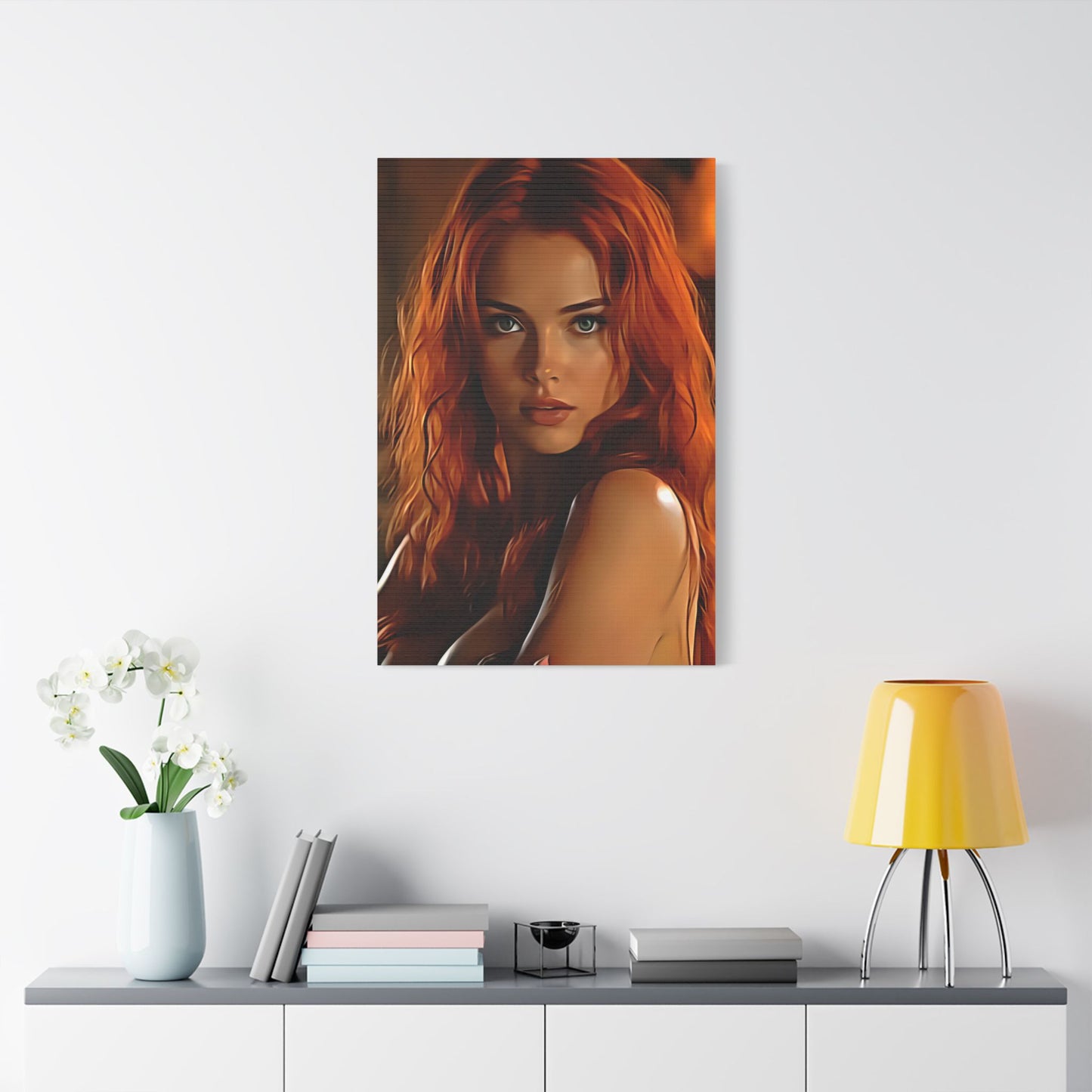 Fiery Muse: Ignite Your Passion with the Radiant Gaze of the Crimson Enchantress - Stretched Canvas Art Print, Vibrant Wall Decor, Art for Living Room, Unique Gift for Art Lovers, Home Decor