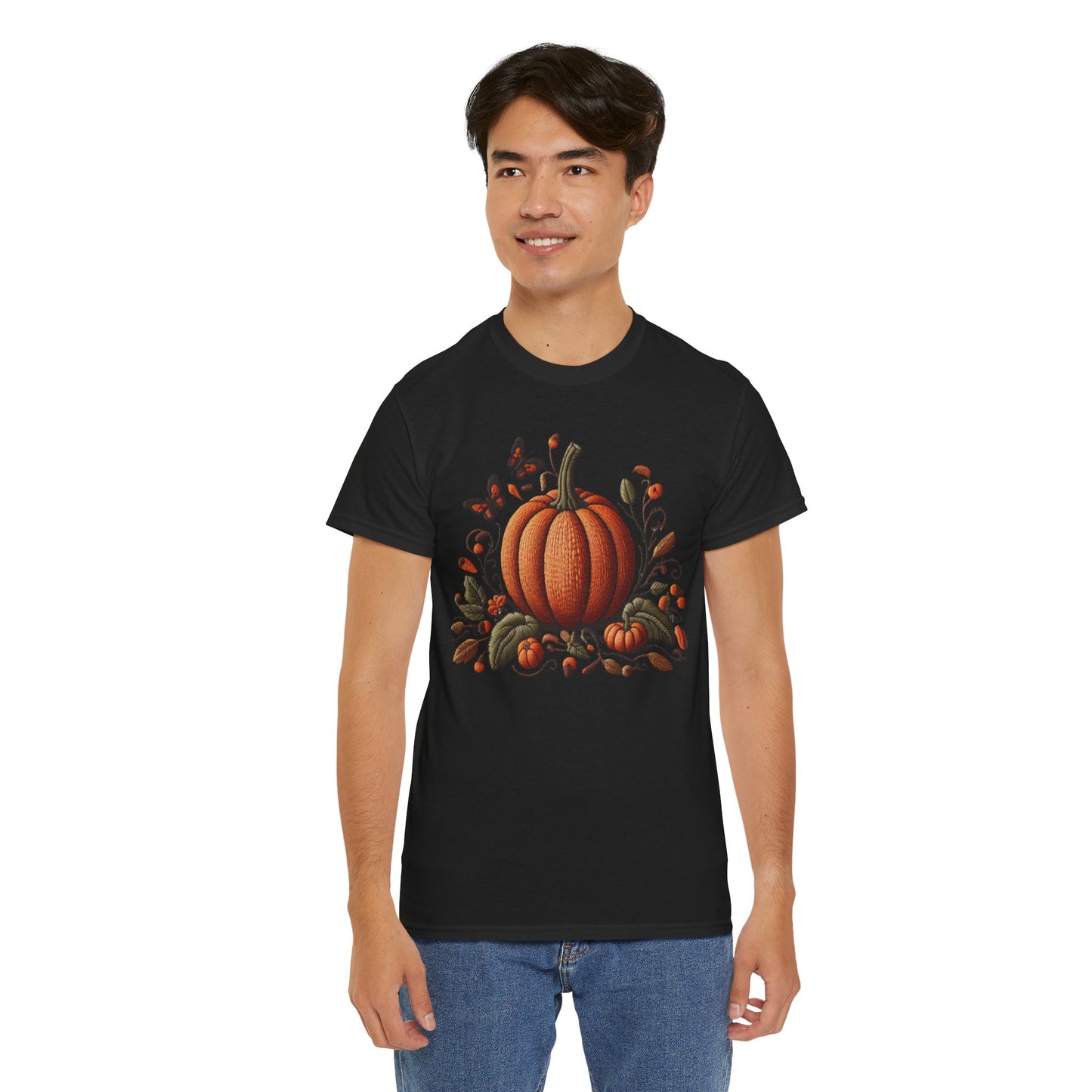 Pumpkin & Botanical Bliss โ Autumnโs Cozy Charm ๐๐ - Autumn Pumpkin Tee, Fall T-Shirt, Halloween Shirt, Thanksgiving Gift, Unisex Heavy Cotton Tee