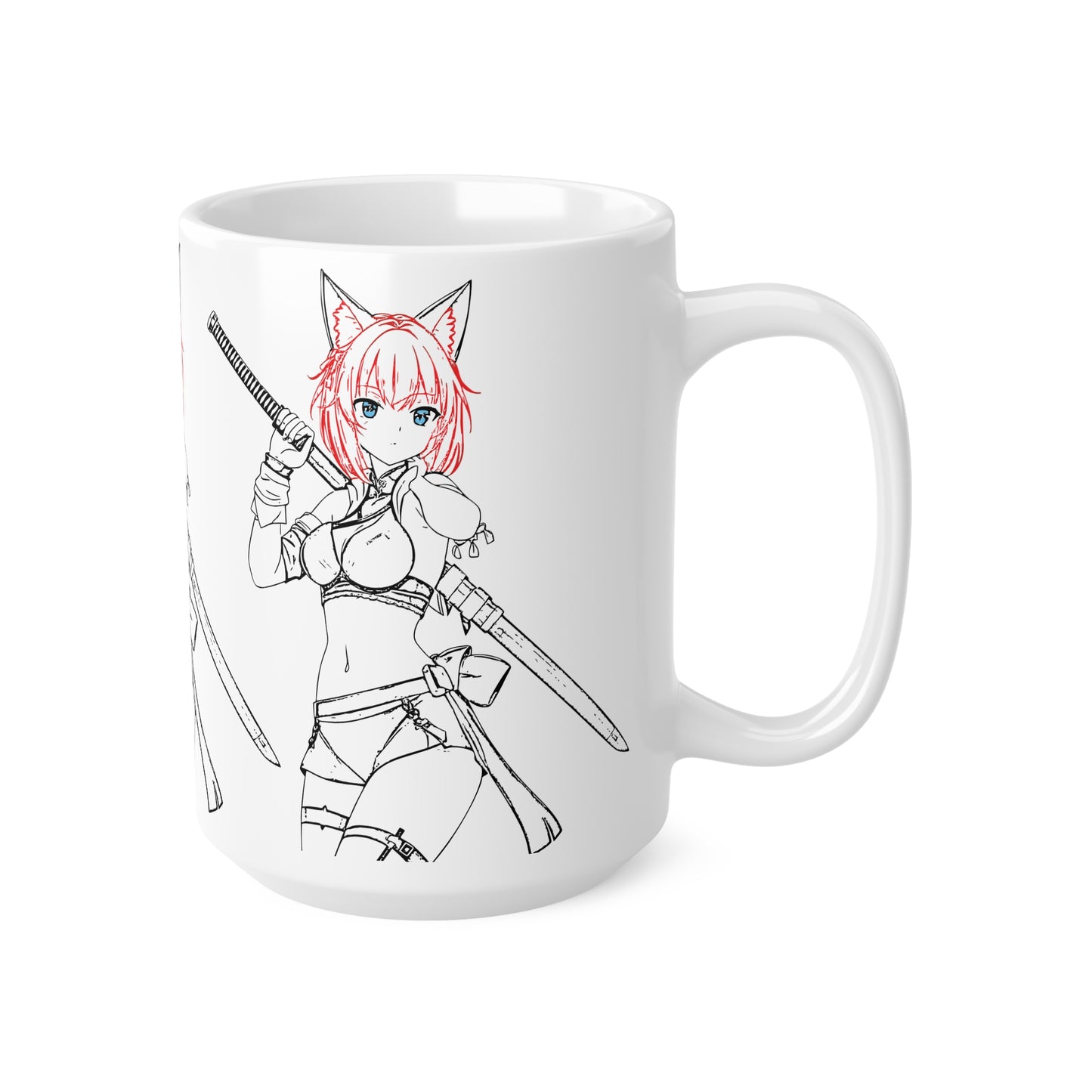 Blade & Whiskers: Unleash Courage and Cuteness with the Fierce Spirit of the Catgirl Warrior - Anime Warrior Ceramic Coffee Cups - Perfect for Gifts, Collectors, and Everyday Use, 11oz, 15oz