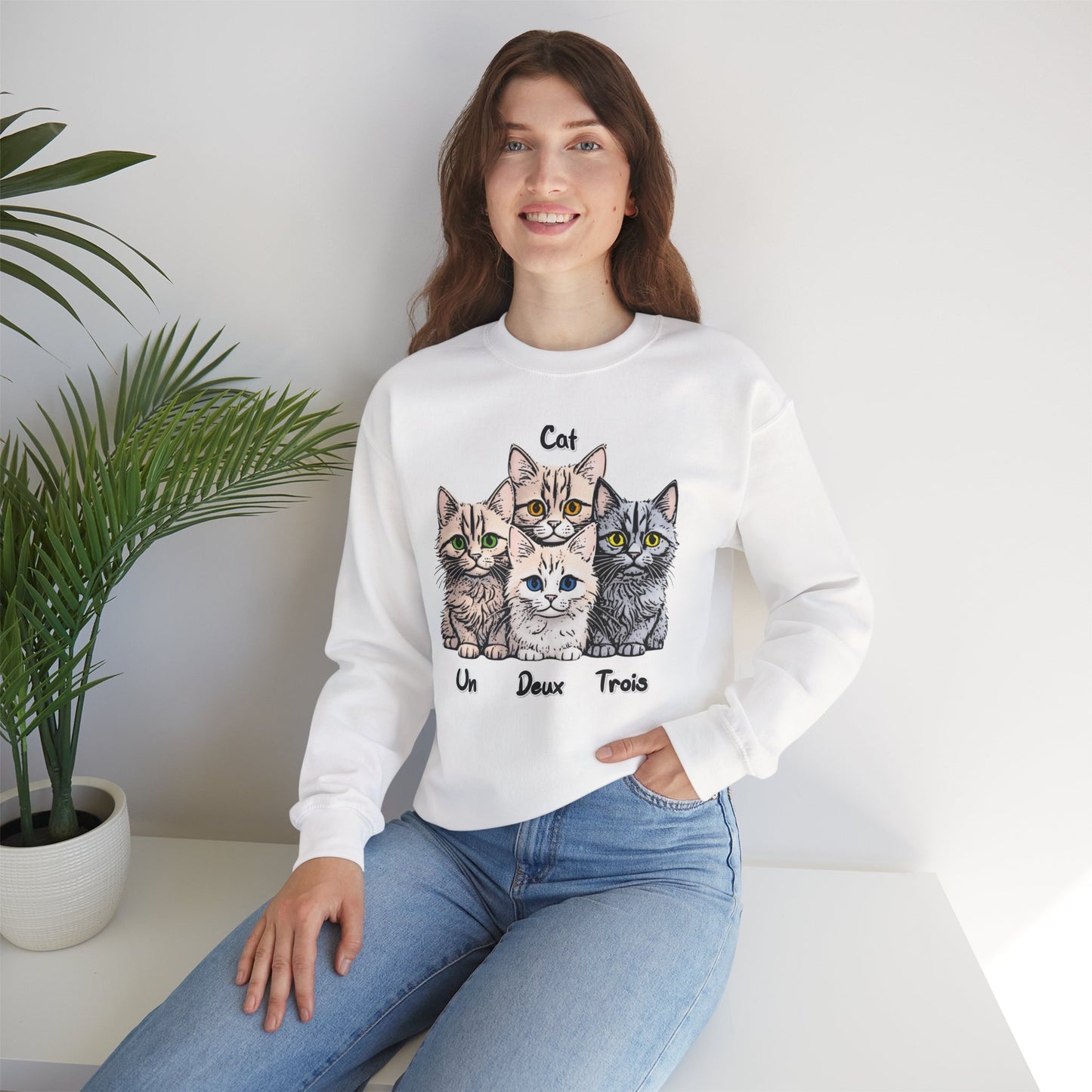 Un, Deux, Trois, Cat: Purrfect Counting Cuteness - Cat Lover Crewneck Sweatshirt, Cozy Pet Sweatshirt, Gift for Cat Owners, Cute Animal Apparel, Cat-Themed Fashion