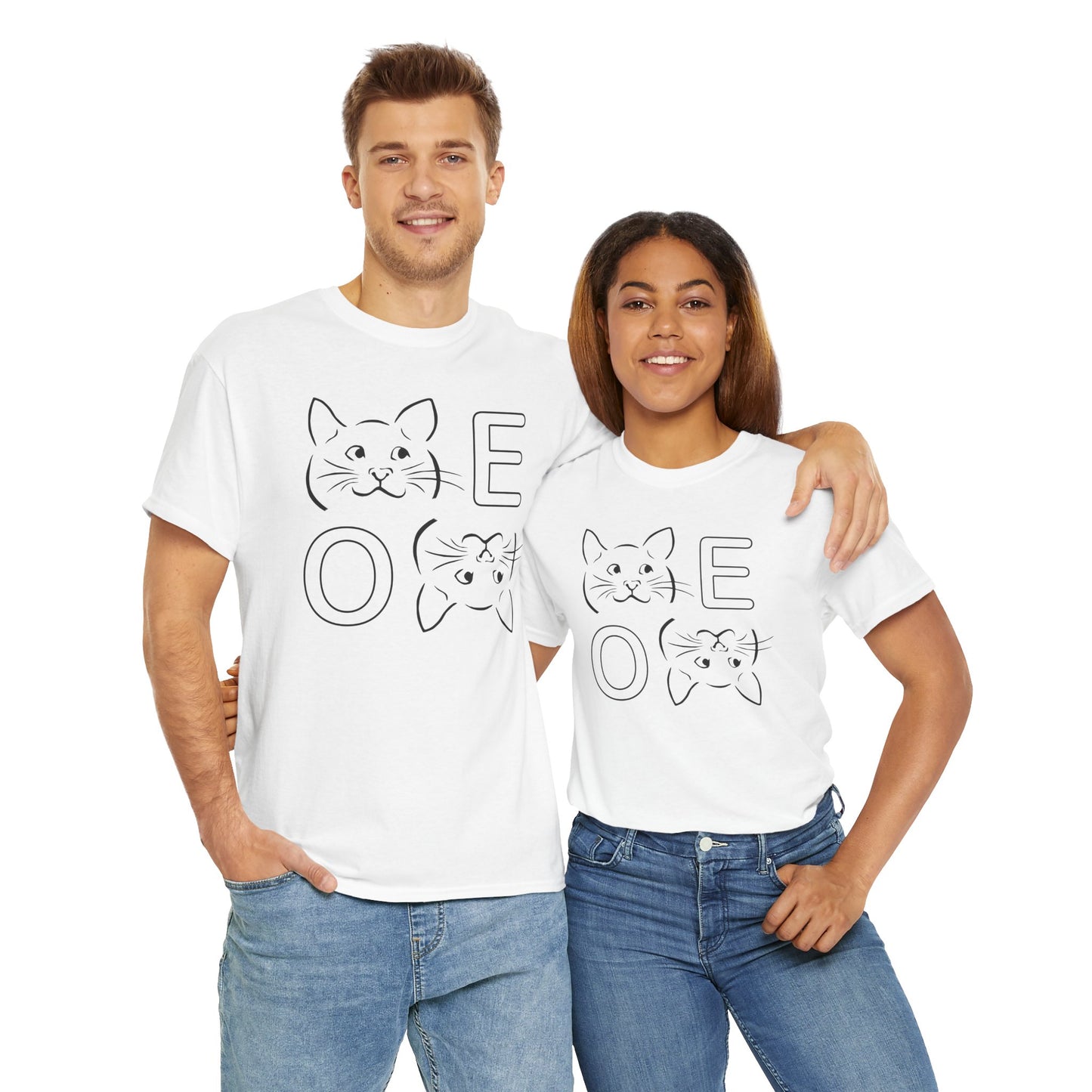 " MEOW" Cute Cat Faces Unisex Heavy Cotton Tee - Perfect for Cat Lovers