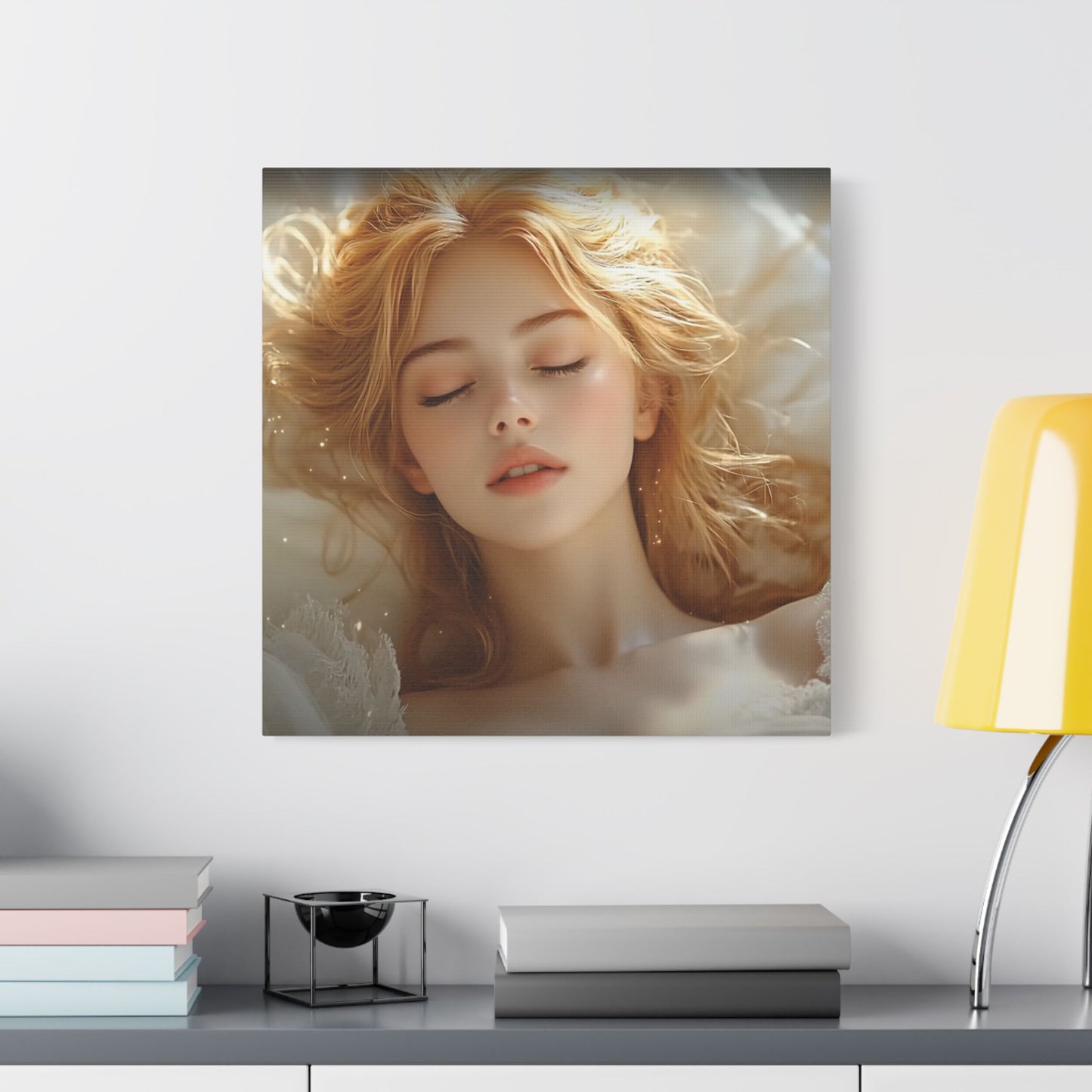 Halo Dreams β Ethereal Glow and Blonde Serenity in Stillness πβ¨ - Satin Canvas Wall Art, Dreamy Portrait Print, Elegant Home Decor, Relaxing Bedroom Decor, Gift for Art Lovers, Serene Wall Hanging