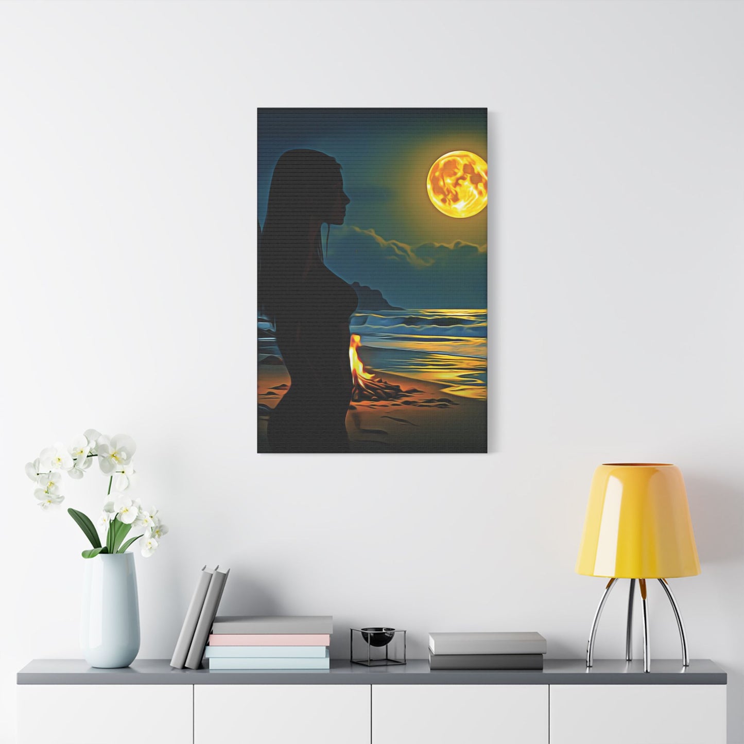 Moonfire Calm โ Where Ocean Light Meets Inner Glow ๐๐ฅ - Moonlit Beach Canvas Art, Nautical Decor for Home, Coastal Aesthetic, Perfect for Living Room, Gift for Ocean Lovers