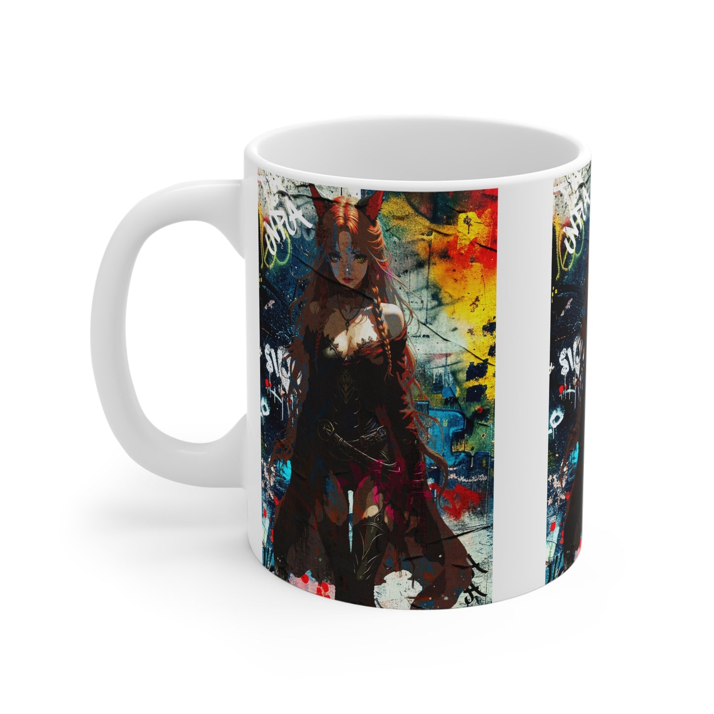 Warrior Anime Catgirl – Urban Fantasy Power on Character Mug, Unique Gift, Artful Coffee Cup, Anime Lover's Mug, Decorative Drinkware