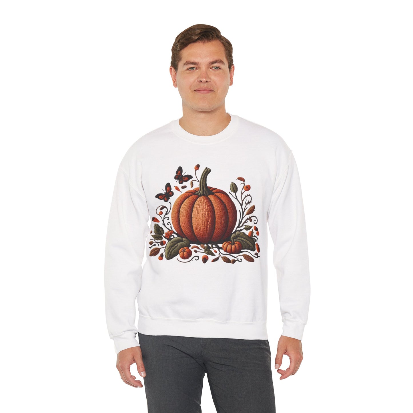 Pumpkin & Botanical Bliss โ Autumnโs Cozy Charm ๐๐ - Autumn Pumpkin Sweatshirt - Cozy Fall Apparel, Unisex Crewneck, Thanksgiving Gift, Seasonal Fashion, Pumpkin Patch Style