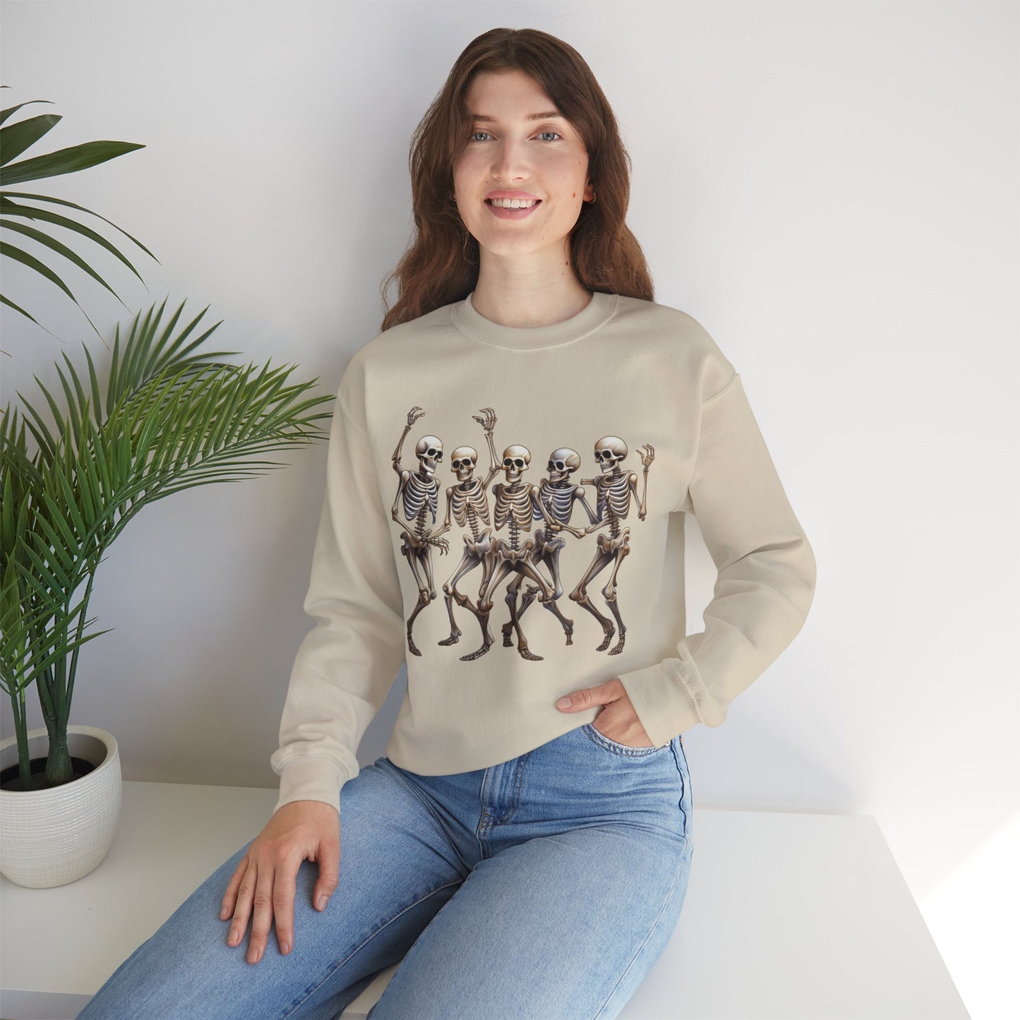 "Celebrate Life with Dancing Skeletons – Bold Apparel & Mugs that Spark Joy" - Halloween Skeleton Dance Crewneck Sweatshirt, Unisex Sweatshirt, Fall Fashion, Spooky Season Apparel, Gift for Halloween Lovers