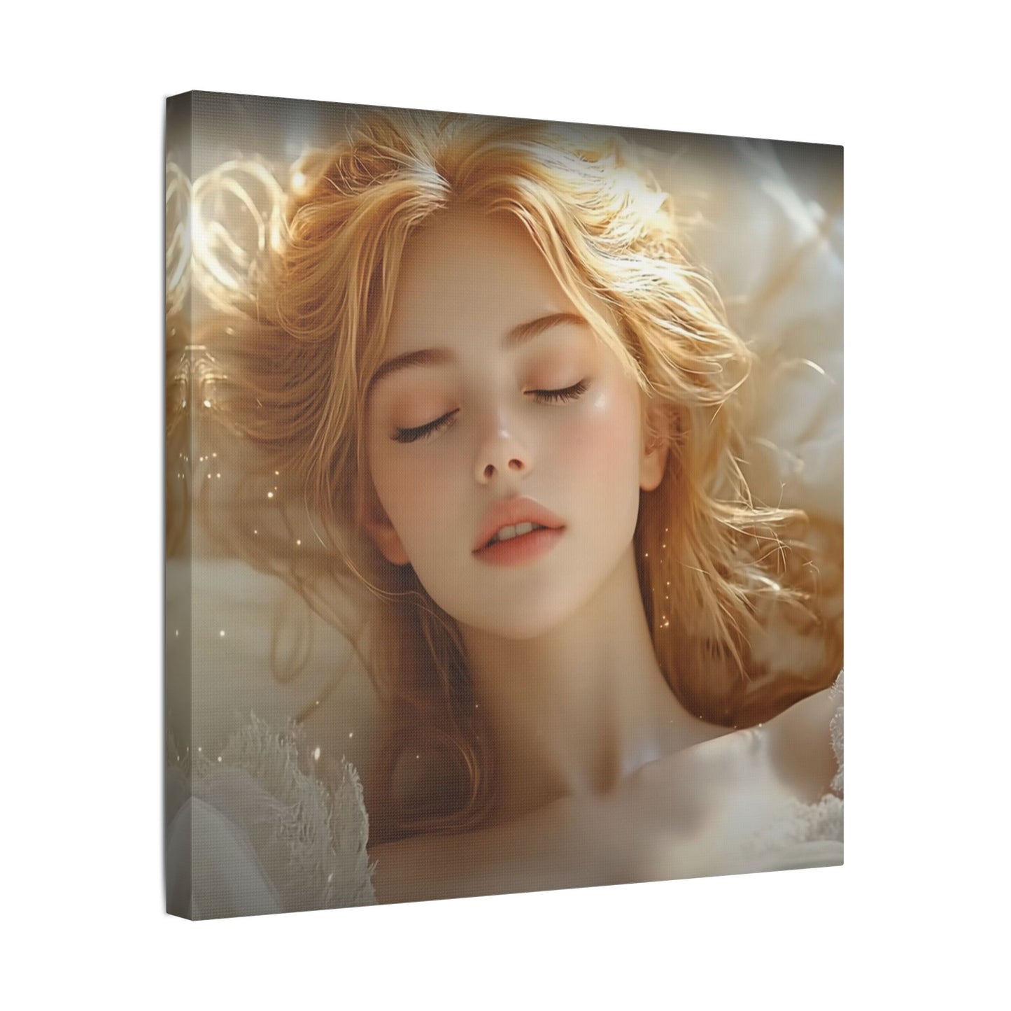 Halo Dreams β Ethereal Glow and Blonde Serenity in Stillness πβ¨ - Satin Canvas Wall Art, Dreamy Portrait Print, Elegant Home Decor, Relaxing Bedroom Decor, Gift for Art Lovers, Serene Wall Hanging