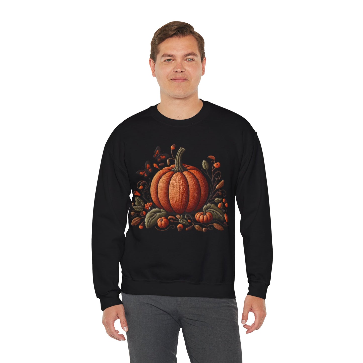 Pumpkin & Botanical Bliss โ Autumnโs Cozy Charm ๐๐ - Autumn Pumpkin Sweatshirt - Cozy Fall Apparel, Unisex Crewneck, Thanksgiving Gift, Seasonal Fashion, Pumpkin Patch Style