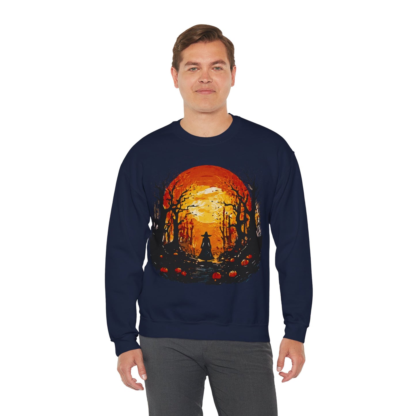 Moonlit Mischief: Autumn’s Enchanted Glow for Sweatshirts, mugs and more - Autumn Sunset Witch Sweatshirt - Cozy Unisex Crewneck for Fall, Halloween, Pumpkin Spice Lovers, Seasonal Fashion, Gift Idea