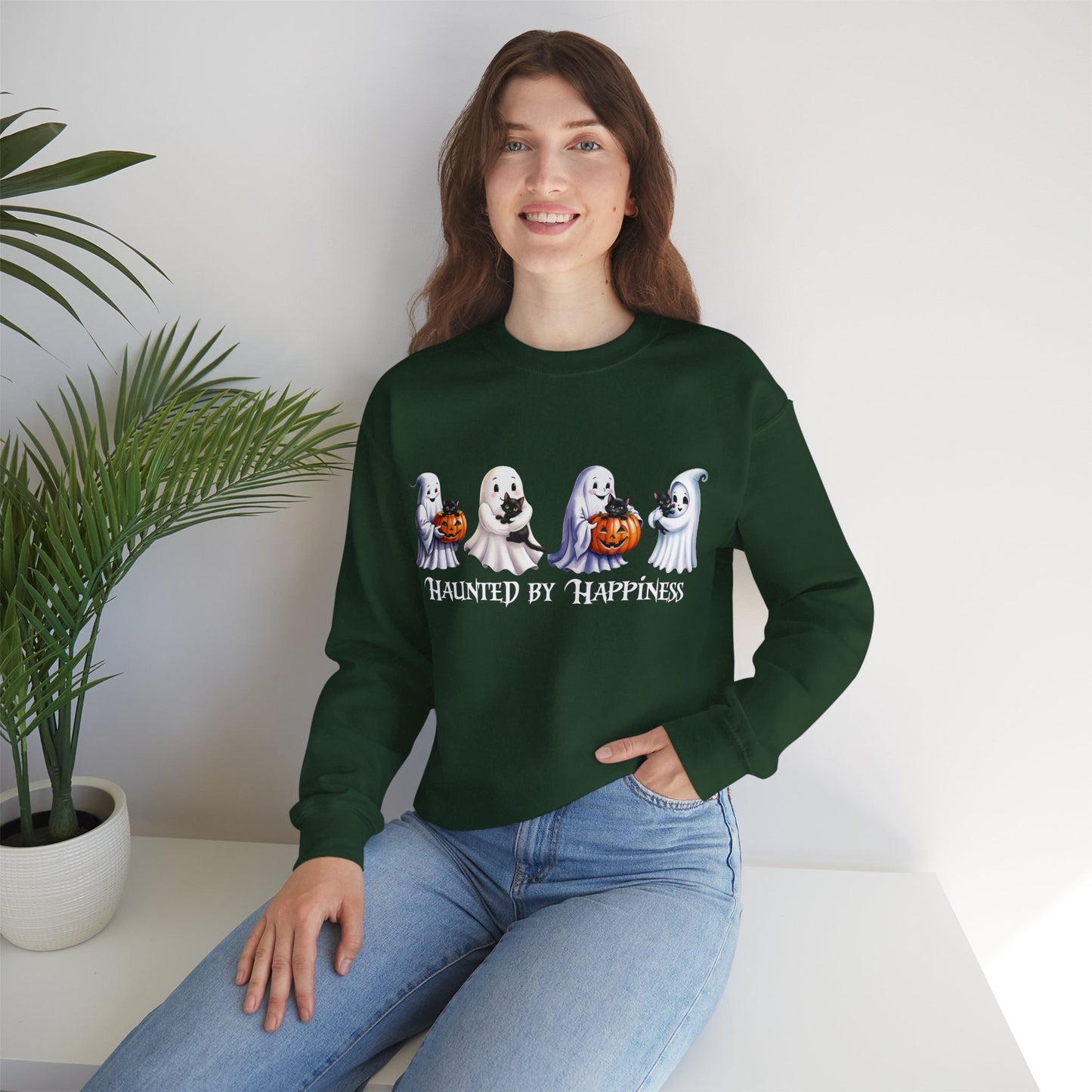 π» Haunted by Happiness: Ghosts of Joy and Candy - Halloween Ghosts Sweatshirt, Cozy Crewneck, Autumn Apparel, Spooky Season Gift, Unisex Sweatshirt for Fall Celebrations