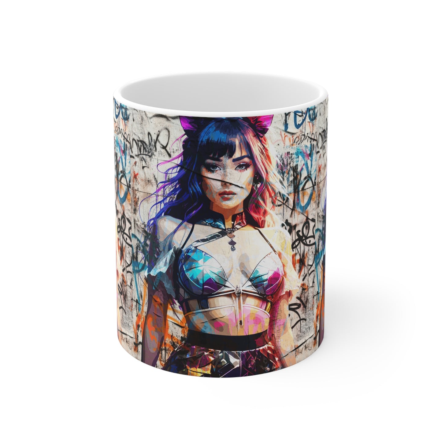 Ceramic Mug - 'Prismatic Feline Enchantress' Anime-Inspired Kaleidoscope Catgirl Cyberpunk Neon Artwork