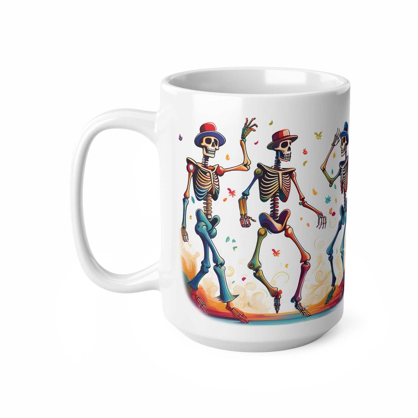 Dancing Skeletons Halloween Party - Spooky Fun Celebration Art - Festive Autumn Spirit Collection - Skeleton Dance Ceramic Coffee Cup | Fun Halloween Mug, Dia de los Muertos Gift, Unique Kitchen Decor, Quirky Drinkware, Celebration Cup