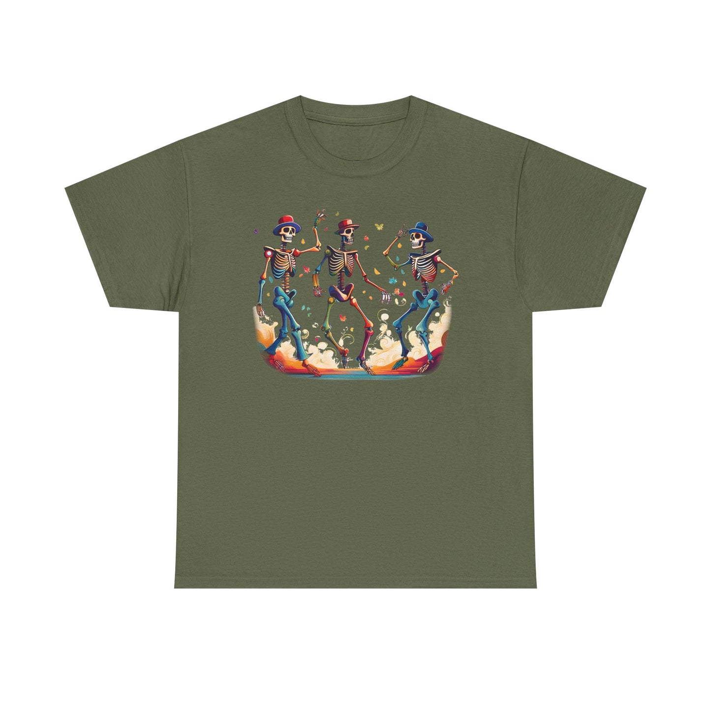Dancing Skeletons Halloween Party - Spooky Fun Celebration Art - Festive Autumn Spirit Collection - Colorful Skeleton Dance Tee, Casual Halloween T-Shirt, Unique Gift for Parties, Unisex Graphic Shirt, Fun Everyday Wear