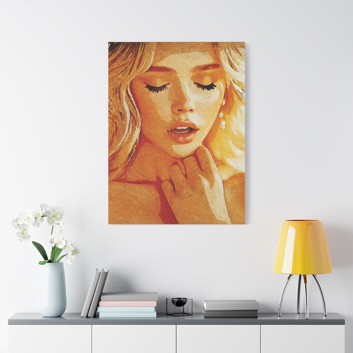 “Golden Reverie: The Serenity of a Soul in Stillness” - Elegant Satin Canvas Art Print, Home Decor Wall Artwork, Beautiful Portrait, Gift for Her, Modern Art Piece, Unique Wall Decoration