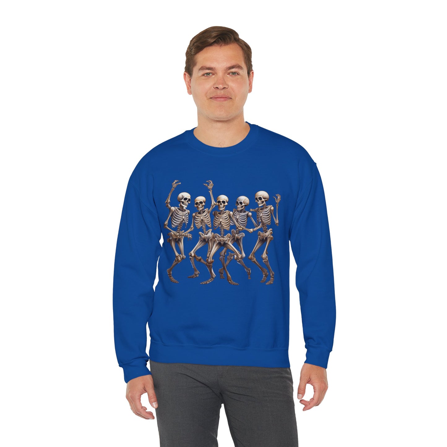 "Celebrate Life with Dancing Skeletons – Bold Apparel & Mugs that Spark Joy" - Halloween Skeleton Dance Crewneck Sweatshirt, Unisex Sweatshirt, Fall Fashion, Spooky Season Apparel, Gift for Halloween Lovers