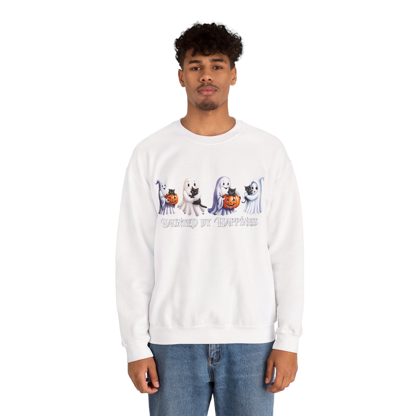 π» Haunted by Happiness: Ghosts of Joy and Candy - Halloween Ghosts Sweatshirt, Cozy Crewneck, Autumn Apparel, Spooky Season Gift, Unisex Sweatshirt for Fall Celebrations