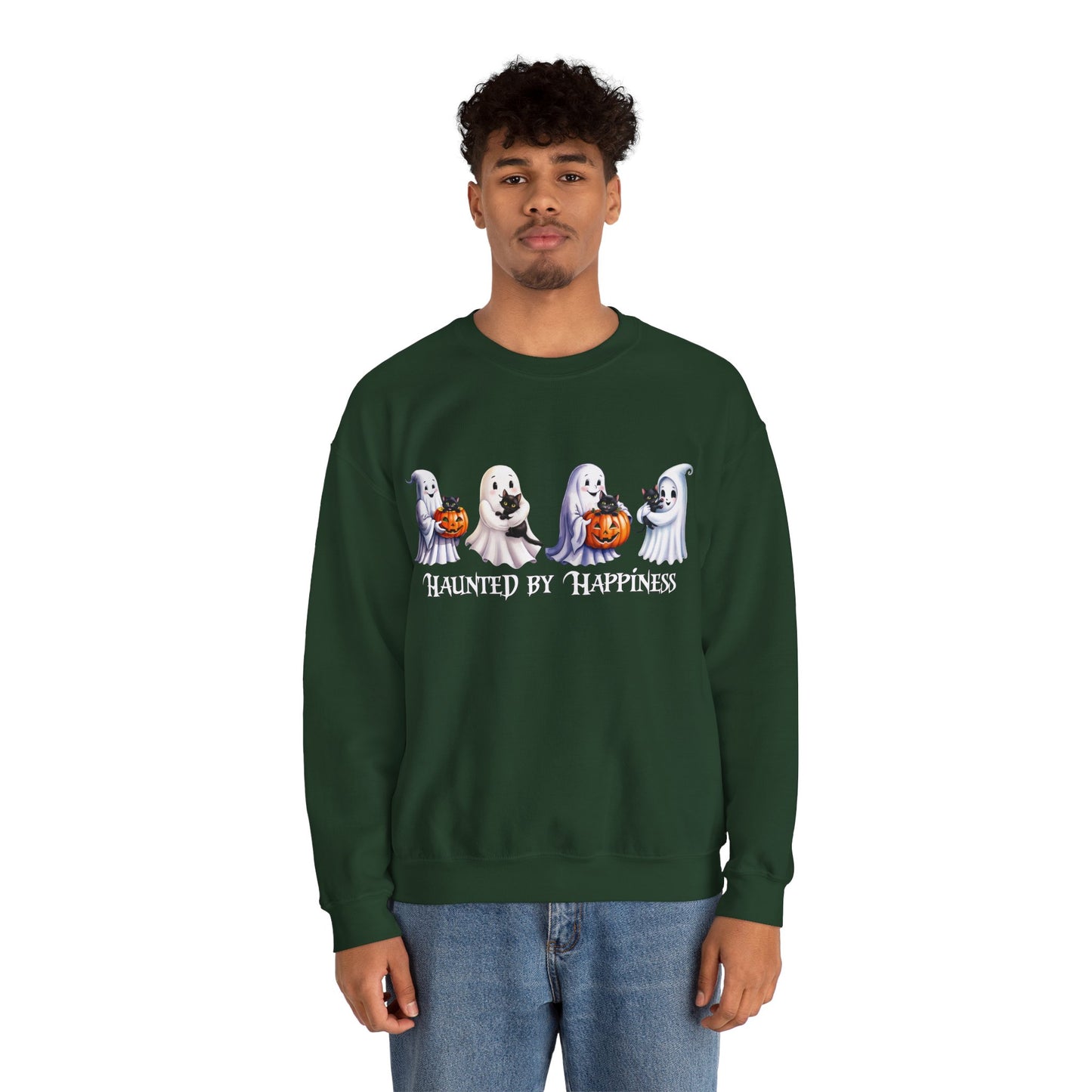 π» Haunted by Happiness: Ghosts of Joy and Candy - Halloween Ghosts Sweatshirt, Cozy Crewneck, Autumn Apparel, Spooky Season Gift, Unisex Sweatshirt for Fall Celebrations