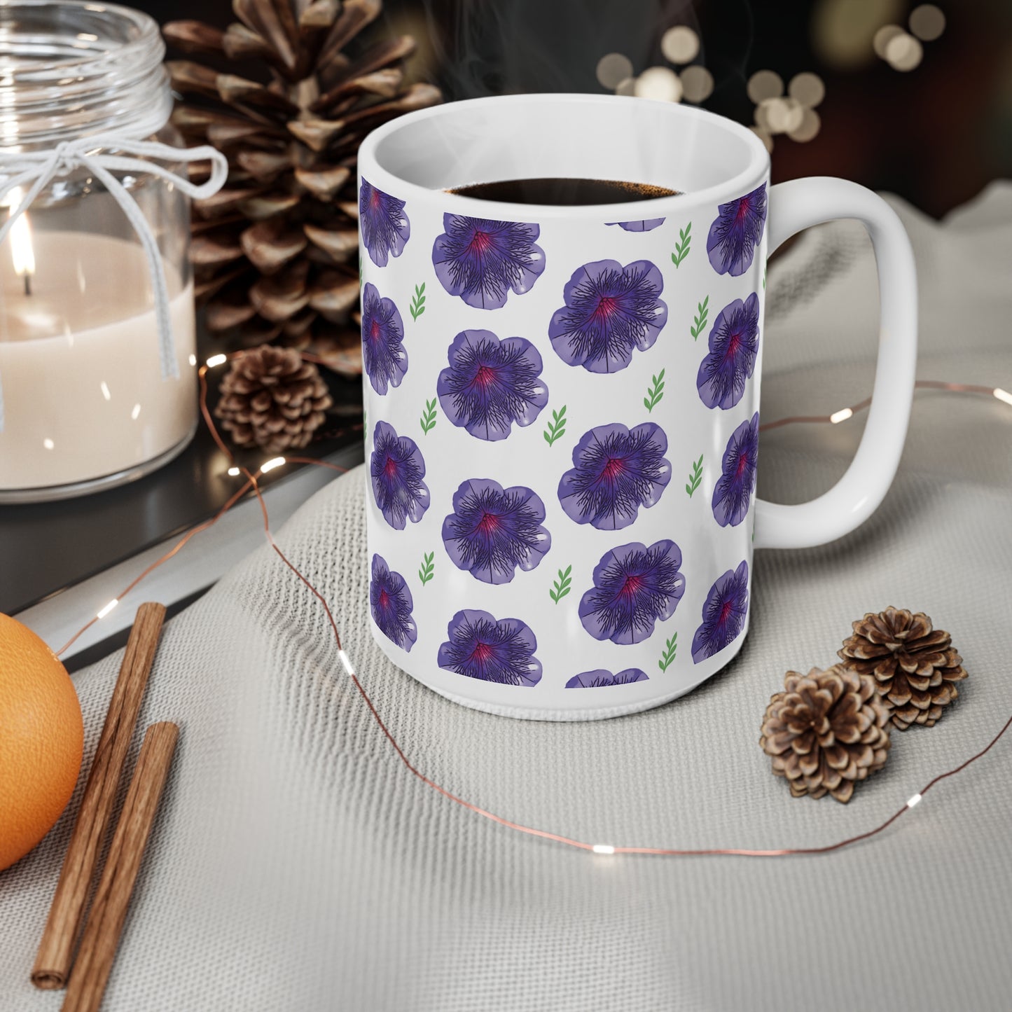 "Petunia" Vibrant Floral Ceramic Coffee Cups - 11oz & 15oz for Nature Lovers
