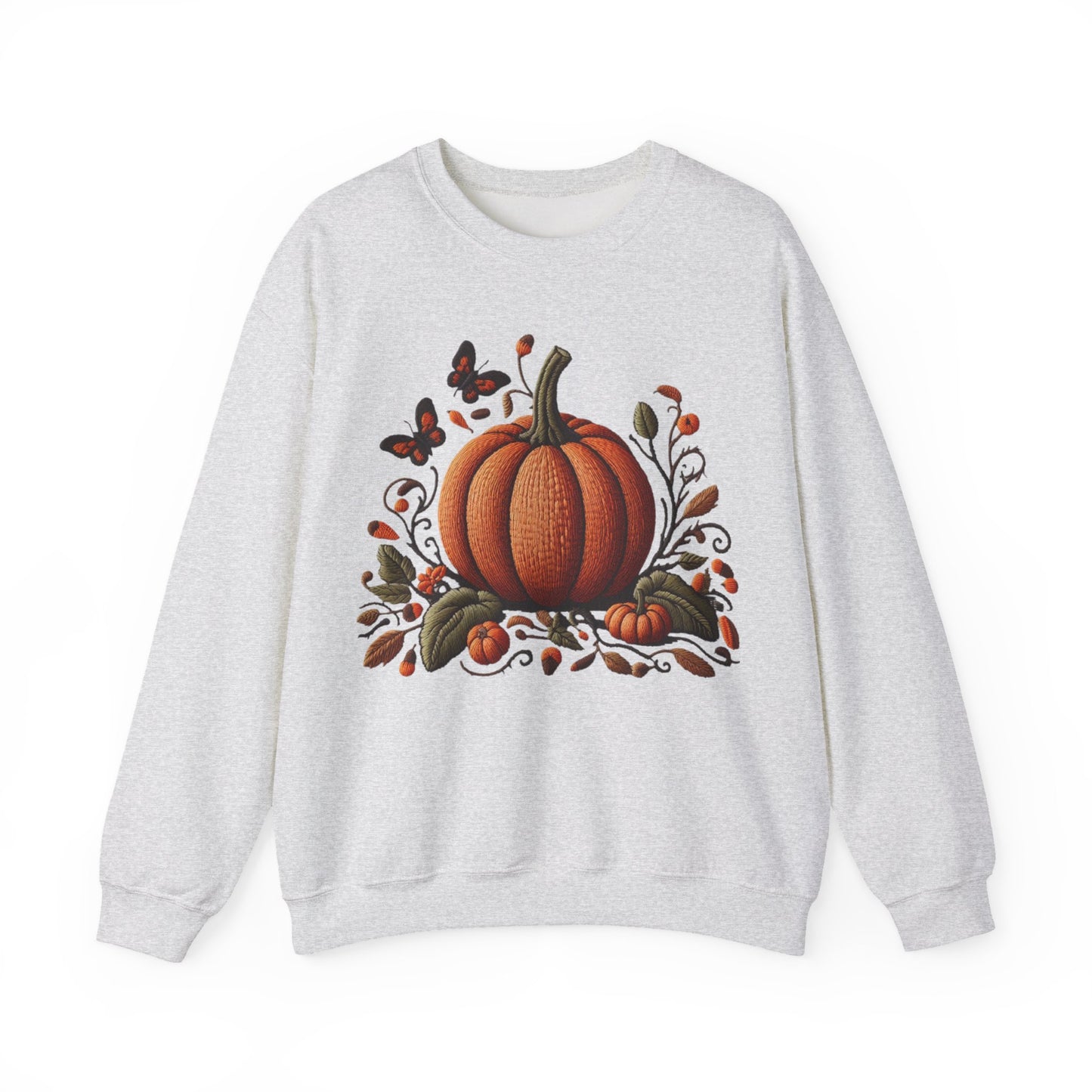 Pumpkin & Botanical Bliss โ Autumnโs Cozy Charm ๐๐ - Autumn Pumpkin Sweatshirt - Cozy Fall Apparel, Unisex Crewneck, Thanksgiving Gift, Seasonal Fashion, Pumpkin Patch Style