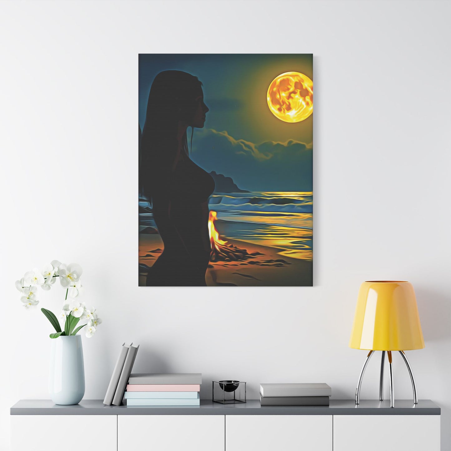 Moonfire Calm โ Where Ocean Light Meets Inner Glow ๐๐ฅ - Moonlit Beach Canvas Art, Nautical Decor for Home, Coastal Aesthetic, Perfect for Living Room, Gift for Ocean Lovers