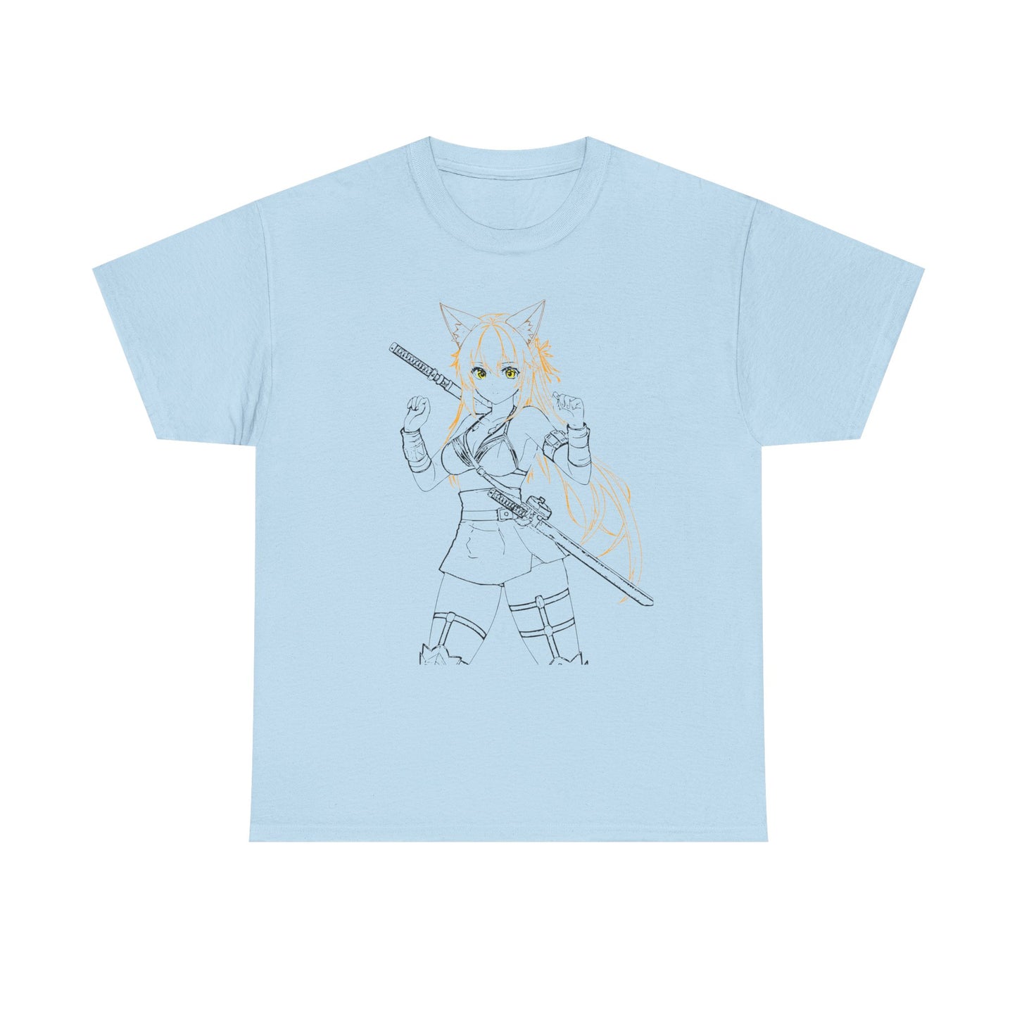 Cat-Eared Blade – Anime Warrior Power on Tees - Anime Samurai Unisex Heavy Cotton Tee, Cute Graphic T-Shirt, Comfortable Casual Wear, Gifts for Anime Lovers, Birthday Surprise