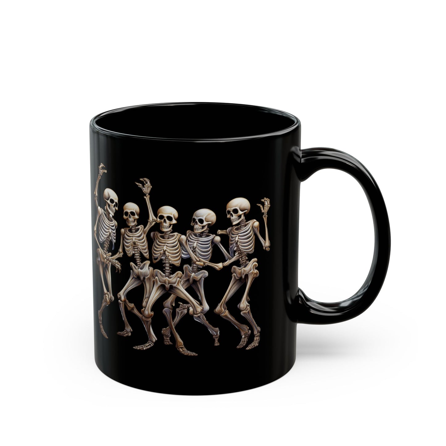 "Celebrate Life with Dancing Skeletons – Bold Apparel & Mugs that Spark Joy" - Skeleton Dance Black Mug - Halloween Coffee Cup, Spooky Gift, Funny Skeleton Mug, Partyware, Unique Halloween Decor