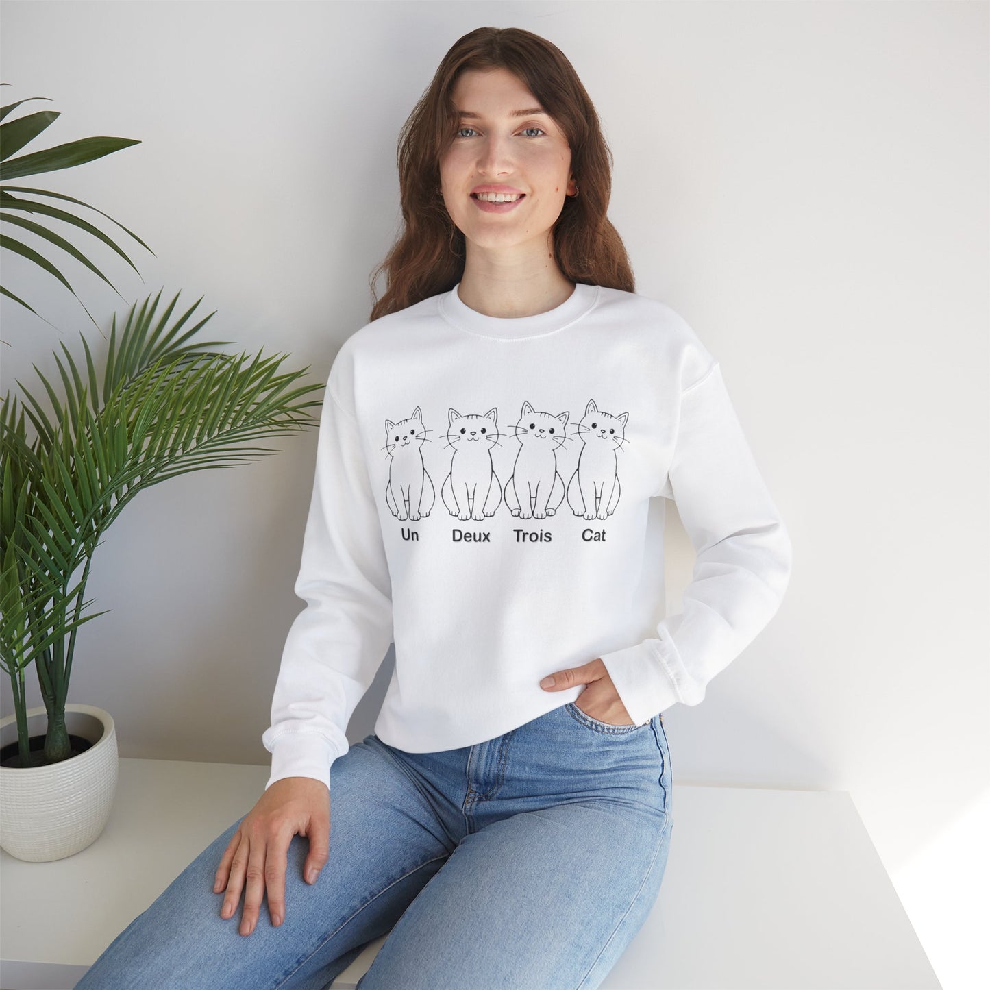 Cute Cat-Themed Unisex Crewneck Sweatshirt with French Text "Un Deux Trois Cat"