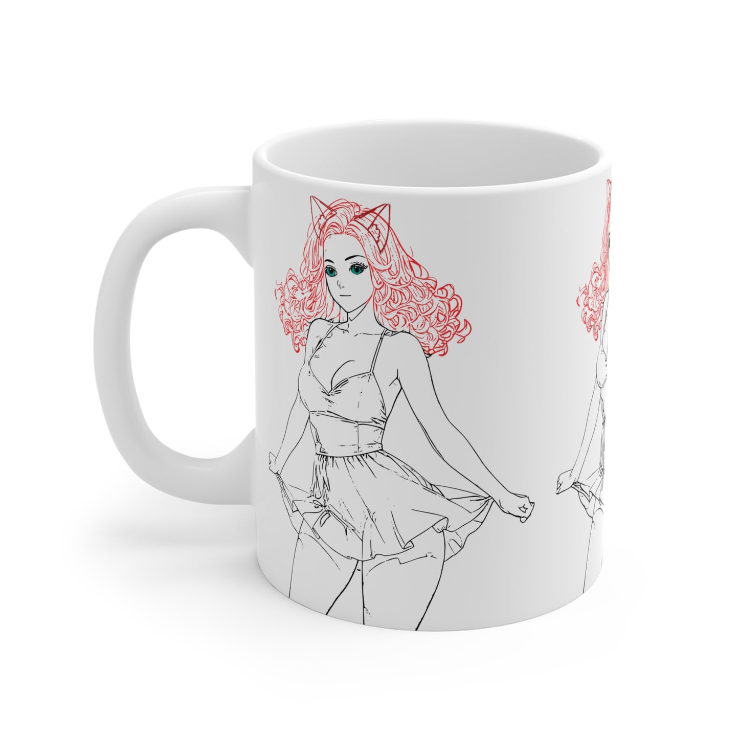 Cute Cat Ear Illustration Ceramic Mug, Gift, Kawaii Style Coffee Cup, Girly Home Decor, Fun Birthday Present